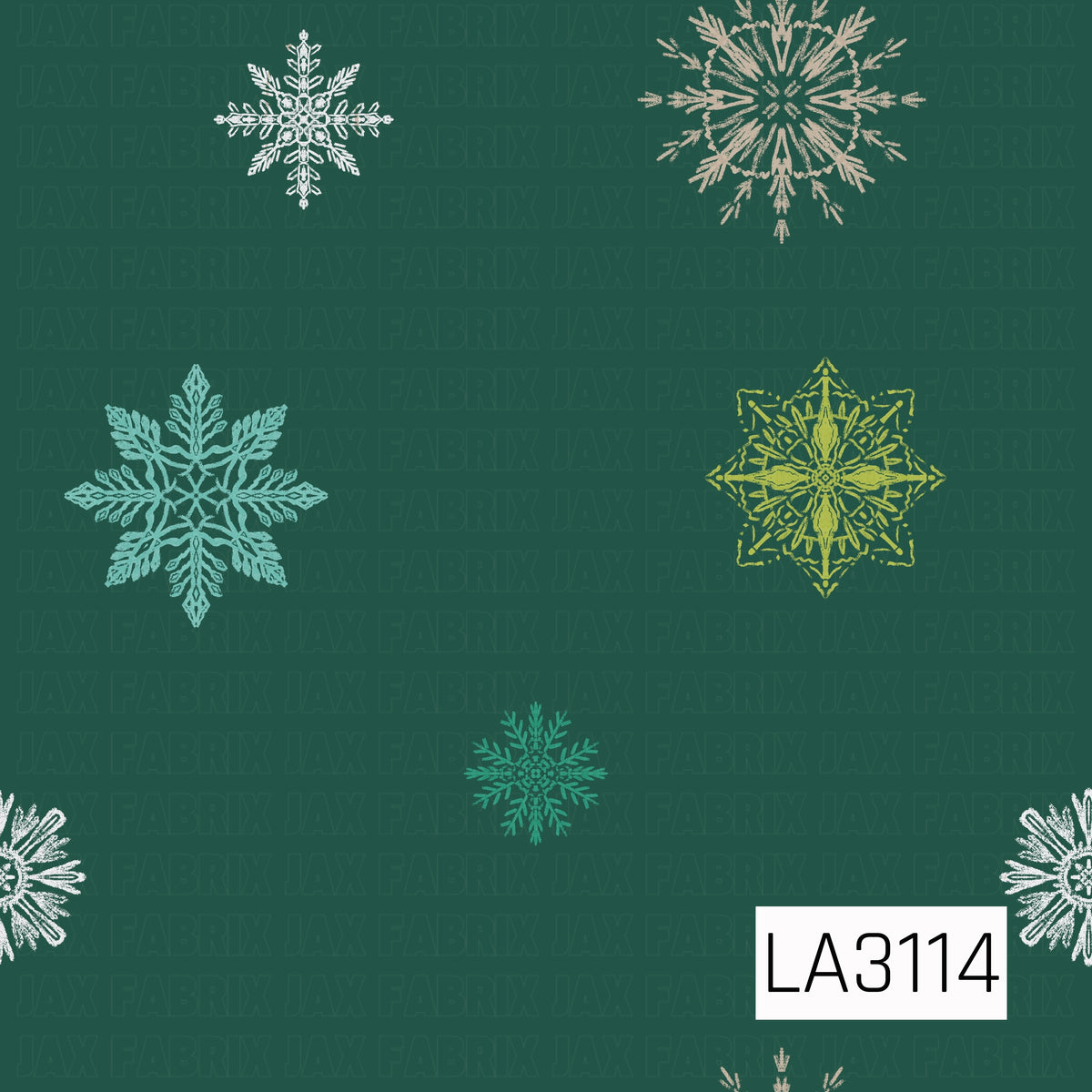 A winter snowflake pattern featuring an assortment of hand-drawn snowflakes in icy blue, teal, cream, and lime green scattered across a deep forest green background. The open spacing and mix of colors create a simple, modern winter look.