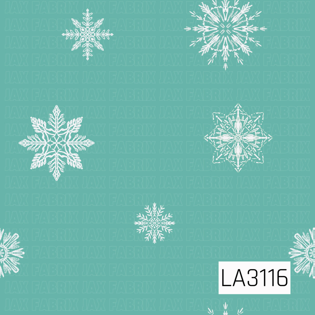 A simple winter snowflake pattern featuring an assortment of hand-drawn white snowflakes scattered across a soft eucalyptus green background. The open spacing and varied intricate shapes create a light, clean winter look.
