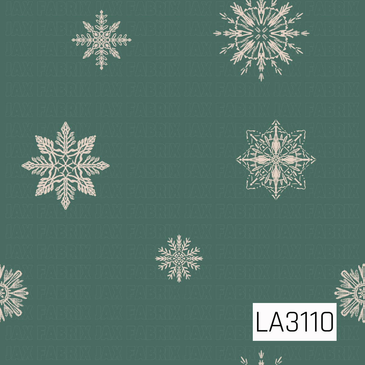 A simple winter snowflake pattern featuring large, hand-drawn snowflakes in soft cream scattered across a muted pine green background. The open spacing and mix of delicate snowflake shapes give the design a clean, understated winter feel.