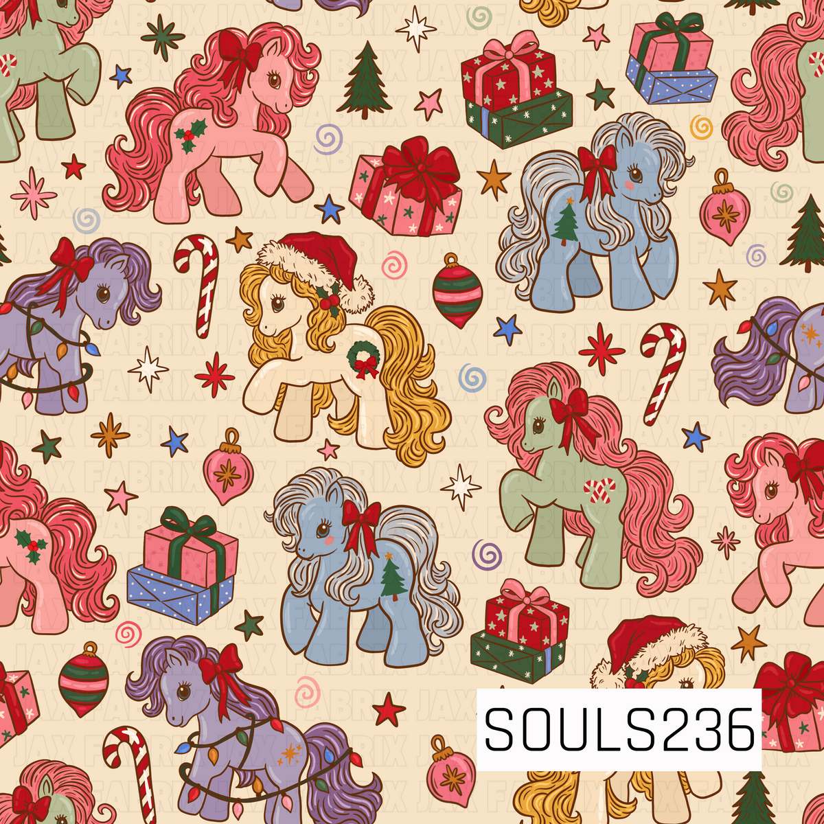 A playful vintage-inspired Christmas pony pattern filled with colorful retro ponies in shades of bubblegum pink, lavender purple, powder blue, soft sage green, and creamy ivory. Each pony features an oversized flowing mane with curled, wavy details and is dressed up with festive touches like bright red bows, a fluffy Santa hat, holly, Christmas wreaths, candy cane markings, tiny Christmas trees, and strands of colorful holiday lights. The ponies are surrounded by stacks of wrapped presents, striped ornament
