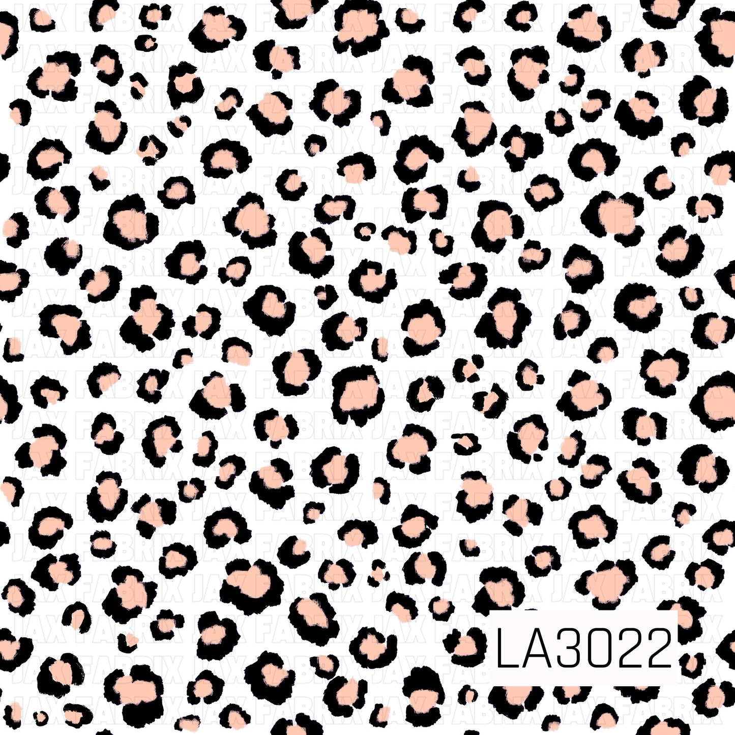 A white background covered in playful black leopard spots with soft peach centers for a cute, modern neutral look.