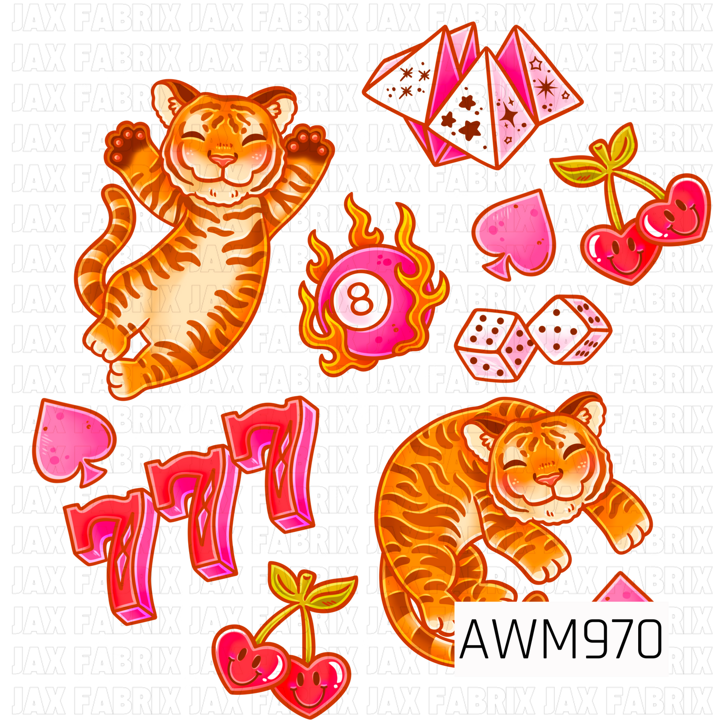 A playful retro-inspired design featuring adorable orange tigers, smiling cherries, lucky number sevens, a flaming pink 8-ball, sparkling pink crystals, dice, and heart-shaped accents. Set against a black background with scattered white stars and sparkles, this vibrant artwork blends bold shades of orange, pink, red, and yellow for a fun, whimsical aesthetic. Perfect for sublimation projects, t-shirts, apparel, and other creative handmade items.