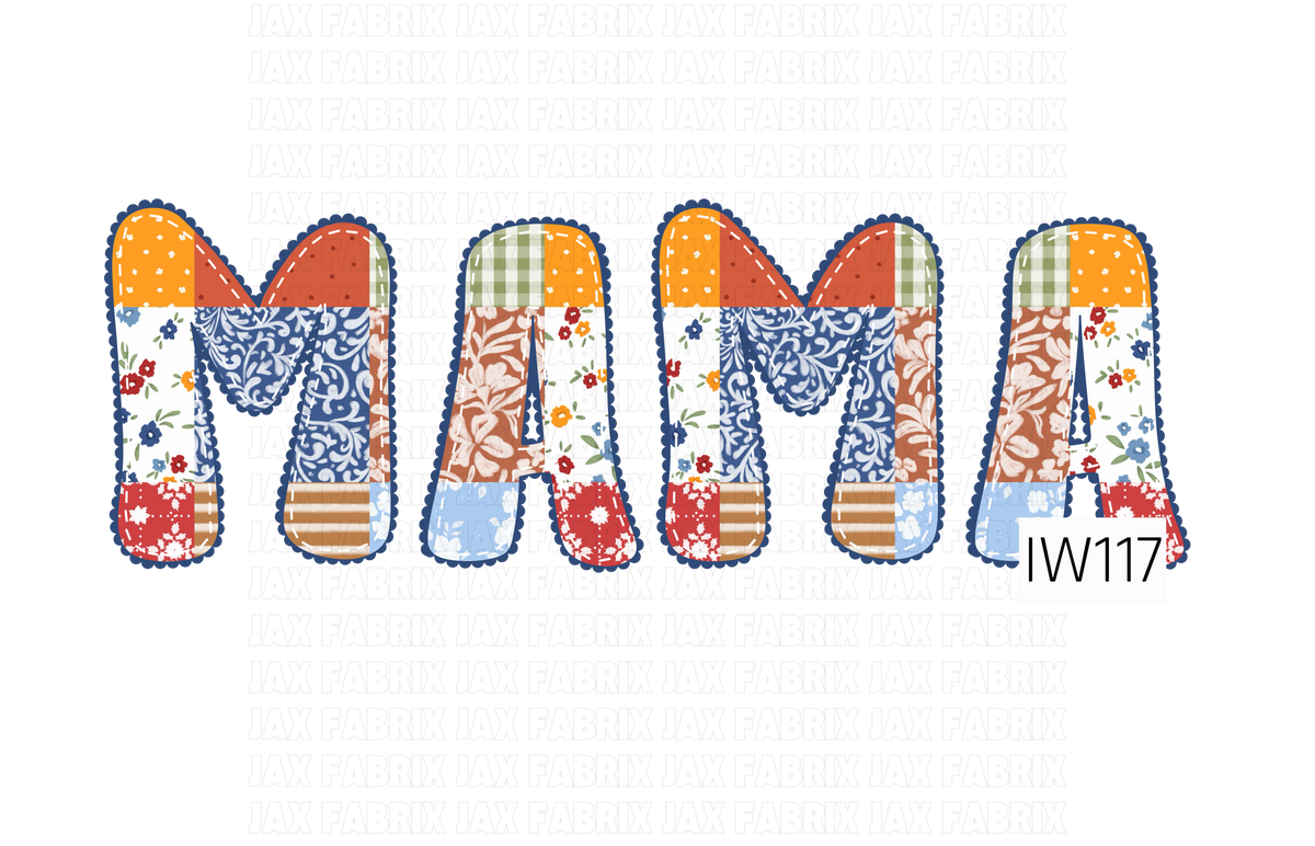 A charming patchwork-inspired MAMA PNG featuring bold, rounded letters filled with a mix of vintage florals, gingham checks, delicate ditsy prints, ornate blue scrollwork, and playful stripes. The design combines warm orange, rustic red, navy blue, sage green, and soft powder blue, with contrasting patterns in each letter. Finished with a scalloped navy outline and delicate white faux stitching for a cozy, quilt-inspired look.