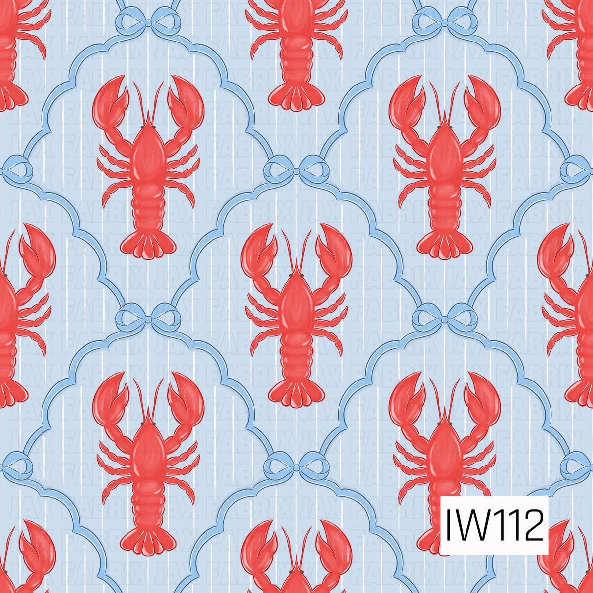 A charming preppy nautical seamless pattern featuring bright red lobsters framed by scalloped blue borders adorned with delicate matching bows. The repeating design sits against a soft powder blue background with subtle, thin white vertical stripes, creating a playful coastal look with a feminine, classic seaside feel.