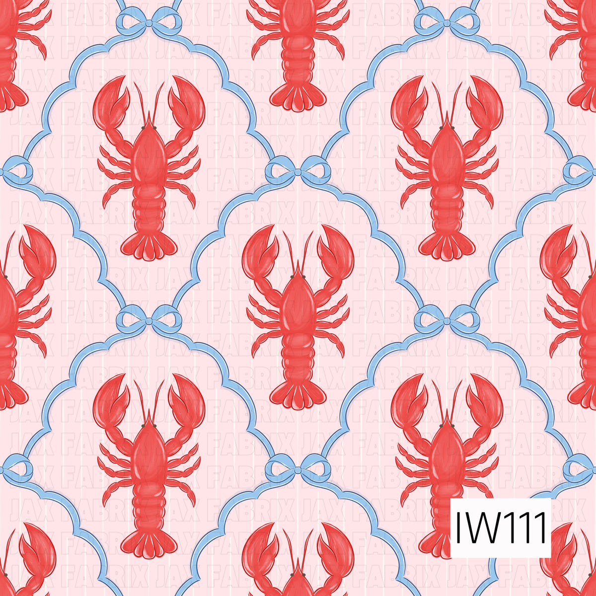 A playful coastal-inspired seamless pattern featuring bright red lobsters framed by scalloped light blue borders accented with delicate blue bows. The lobsters are arranged in a repeating layout against a soft blush pink background with subtle vertical stripes, creating a charming preppy nautical design with a feminine, whimsical touch.