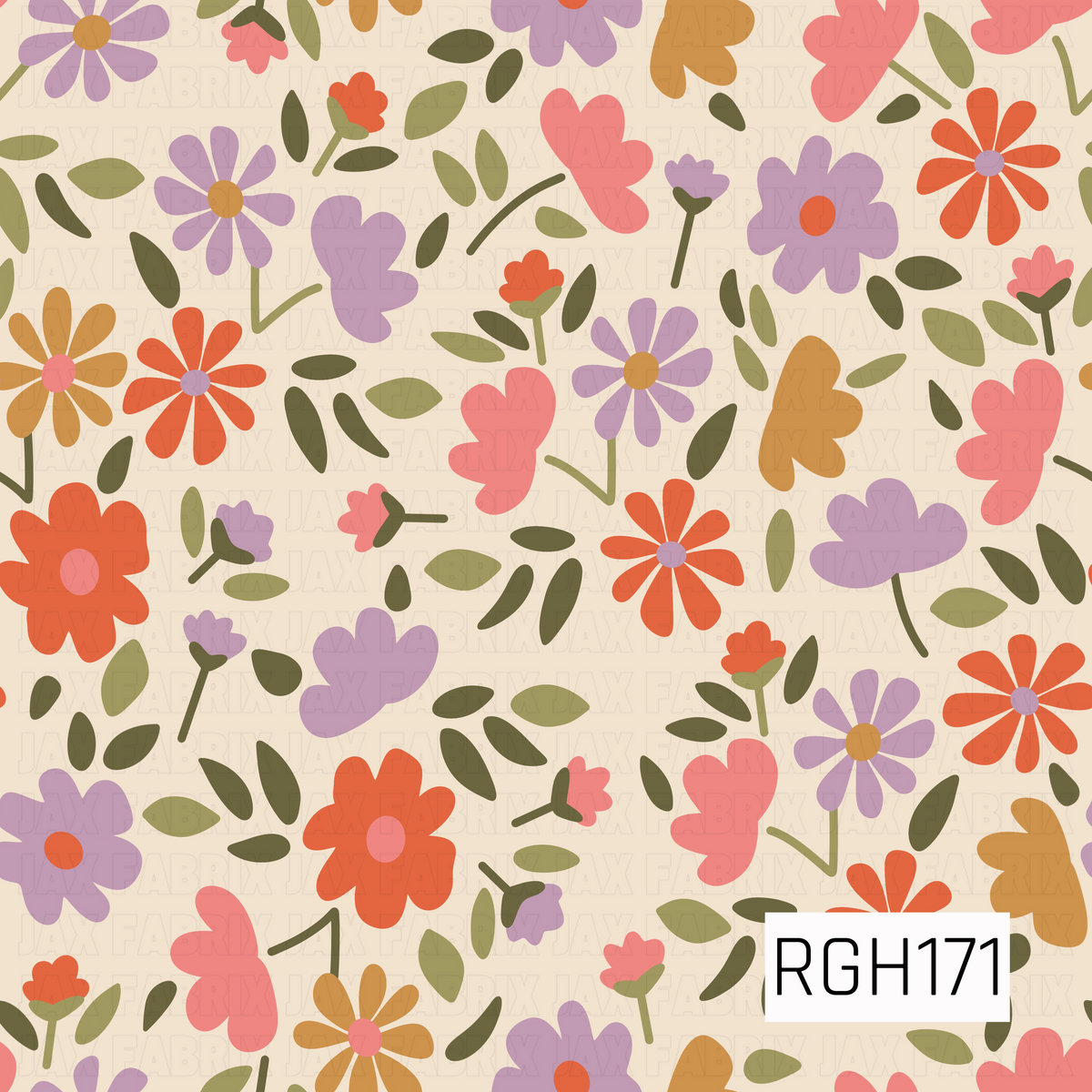 A whimsical retro floral pattern featuring a playful mix of oversized daisies, abstract flowers, and delicate flower buds scattered across a warm creamy ivory background. The design combines vibrant burnt orange, mustard gold, soft coral pink, and muted lavender blooms with olive and sage green leaves and stems. The flowers vary in shape and size, with rounded petals, elongated daisy petals, and charming irregular silhouettes, creating a cheerful, free-flowing botanical design with a nostalgic 70s-inspired