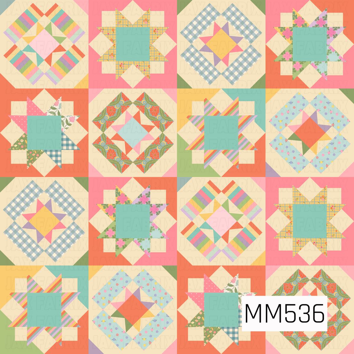 A colorful vintage-inspired patchwork quilt pattern featuring an assortment of geometric star blocks, diamond shapes, and intricate quilt squares. Each block combines playful florals, gingham checks, multicolored stripes, and tiny scattered prints in cheerful shades of coral, pink, buttery yellow, sage green, aqua blue, and lavender. Soft cream accents and alternating colorful backgrounds bring the patchwork together, creating a charming, nostalgic design with a bright and whimsical feel.