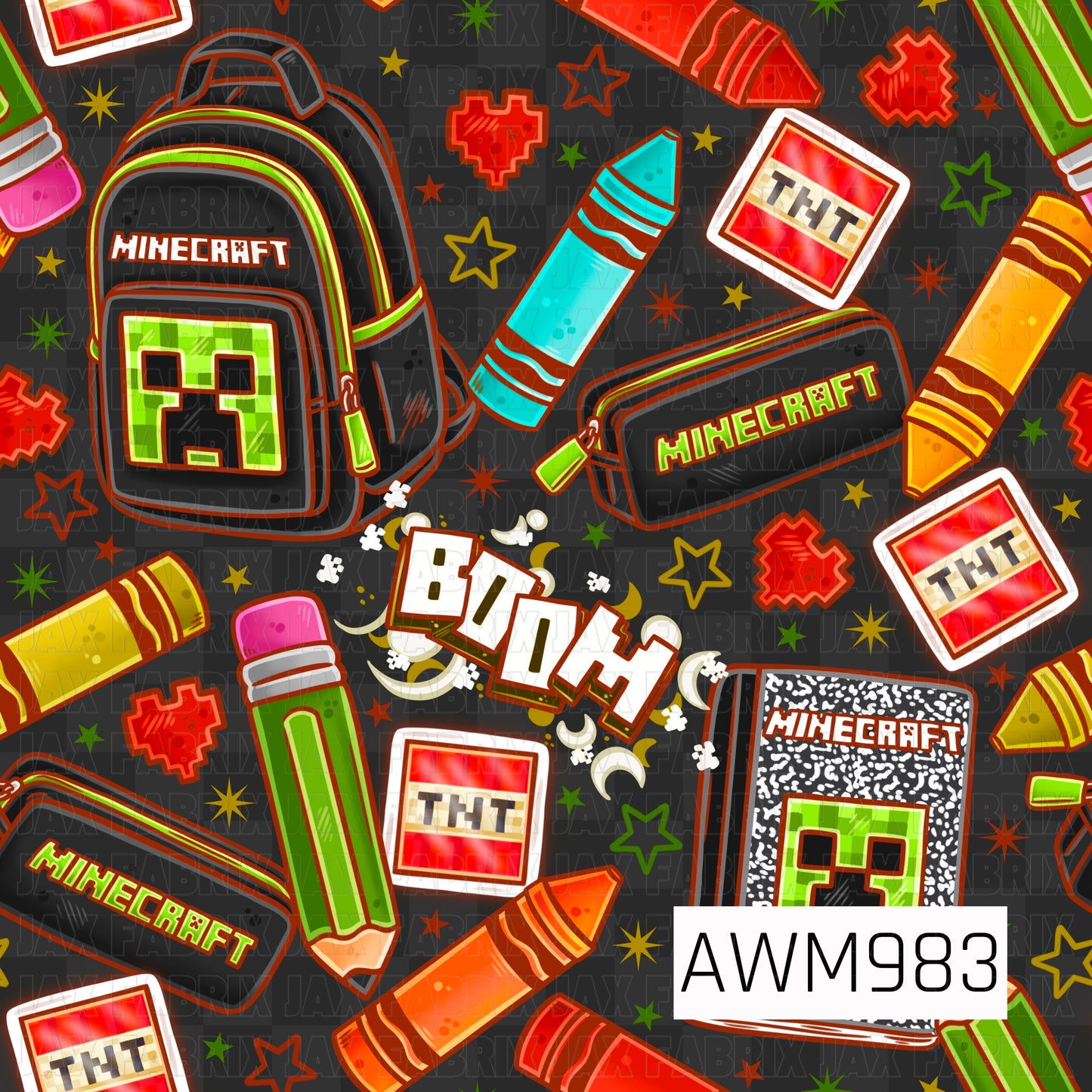 Gamer-inspired back-to-school design featuring a black background with neon green, red, orange, yellow, and turquoise accents. Includes gaming-themed school essentials such as a pixel-style backpack, pencil pouch, notebook, pencils, crayons, TNT blocks, pixel hearts, stars, and explosive graphics. Perfect for gamers and back-to-school themed bows, apparel, accessories, and craft projects.