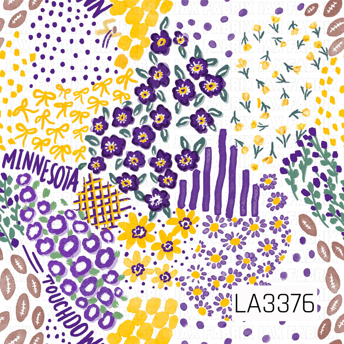 A playful Minnesota football-inspired print featuring bold purple and golden yellow with touches of green and soft gray. Hand-painted florals, bows, footballs, scattered dots, sketchy stripes, and abstract accents are mixed with “Minnesota” and “Touchdown” lettering for a fun, feminine game day look.