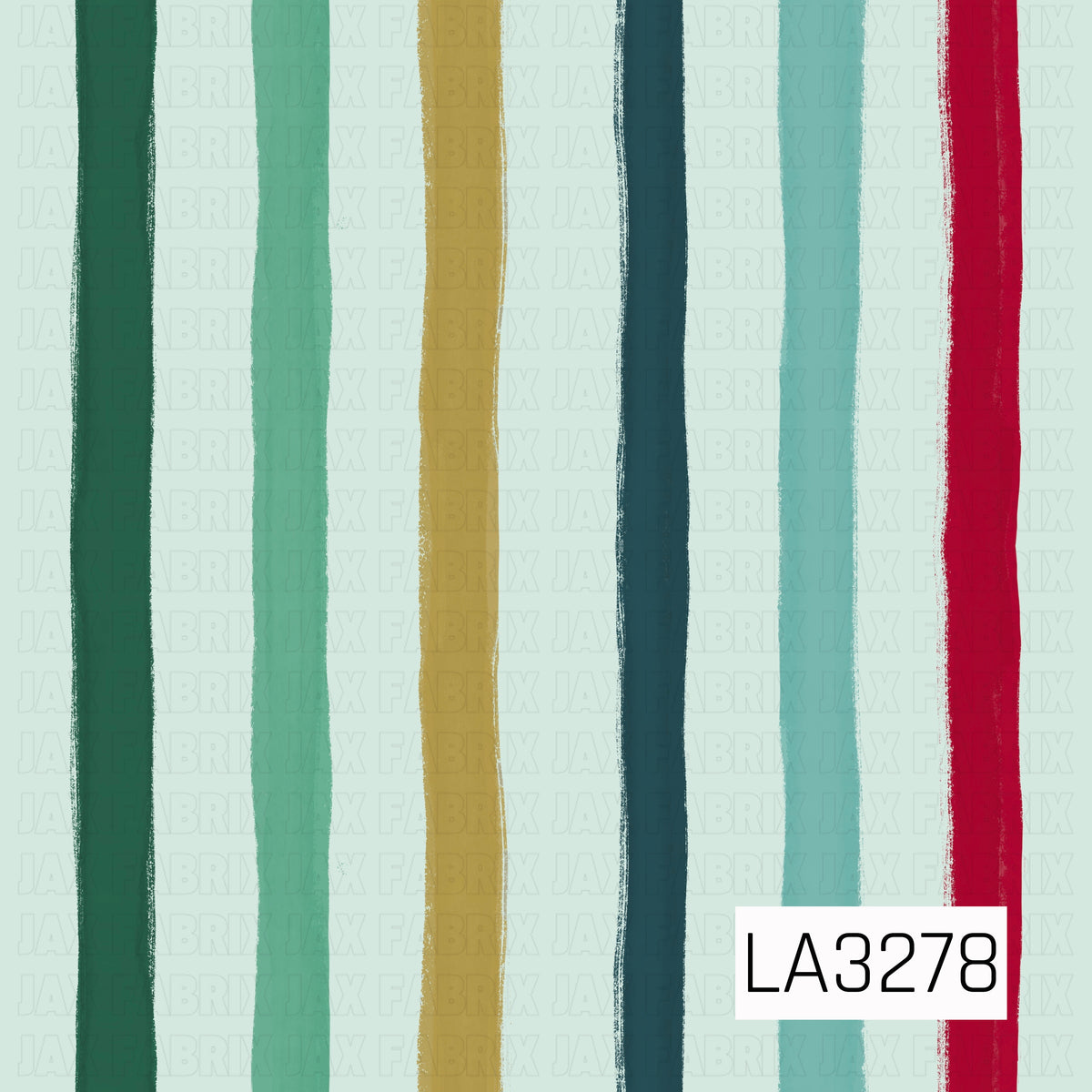 A hand-painted vertical stripe pattern featuring deep forest green, mint, warm golden tan, dark teal, aqua blue, and bright red on a soft mint background. The slightly uneven, textured brushstroke edges give the design a playful handmade look.
