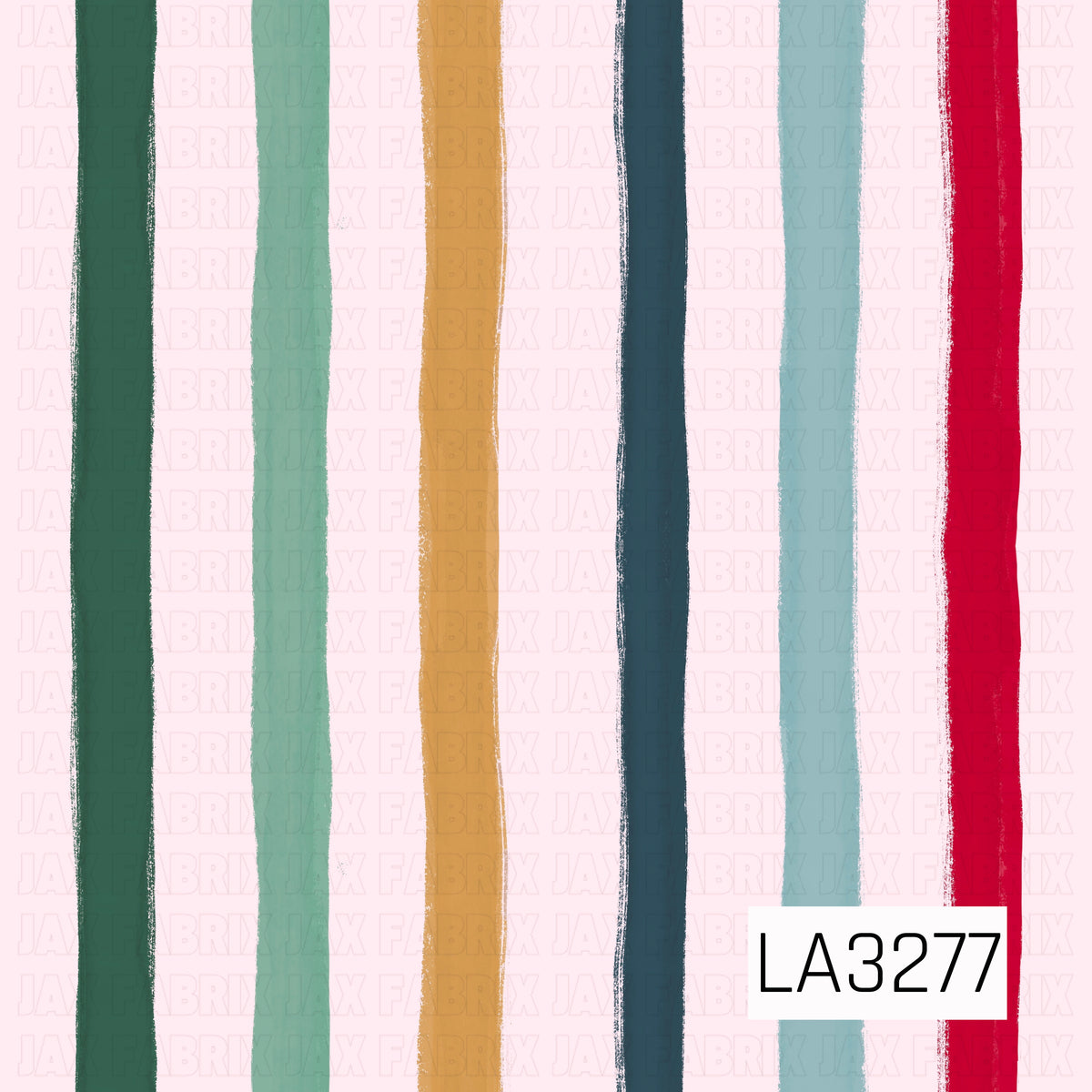 A hand-painted vertical stripe pattern featuring rich green, soft mint, golden tan, deep teal, light blue, and bold red on a pale blush pink background. The uneven brushstroke edges give the stripes a playful, artistic feel.