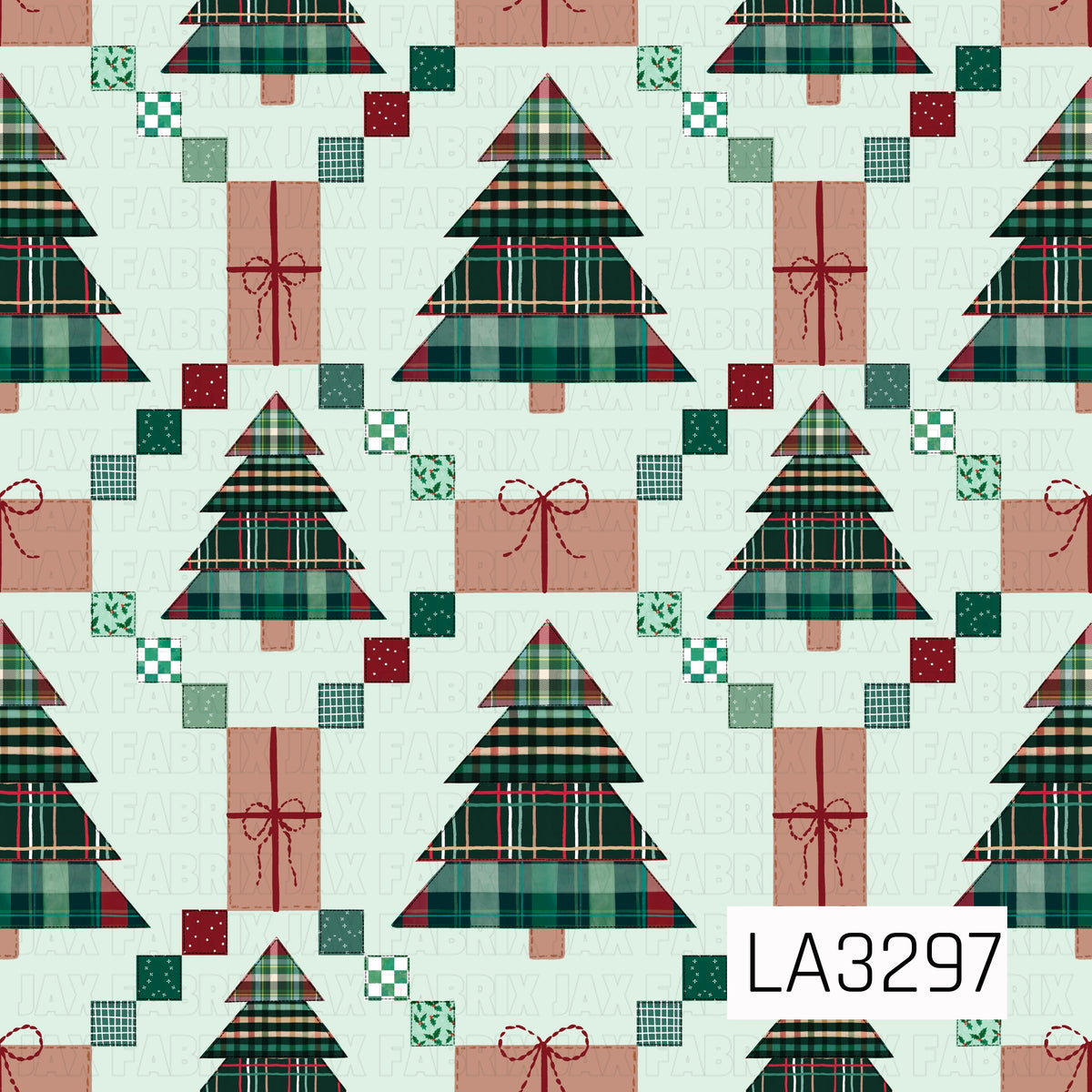 A festive patchwork Christmas design featuring layered plaid trees, wrapped presents and scattered mini patterned squares. Deep greens, classic reds and soft neutrals stand out against a pale mint background for a cozy holiday look with a handmade feel.