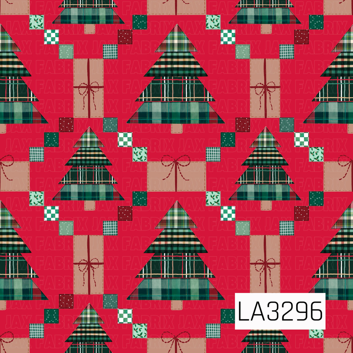 A festive patchwork Christmas design featuring layered plaid trees, wrapped presents and scattered mini patterned squares. Rich greens, cream and muted neutrals pop against a bright red background for a cozy, classic holiday look with a handmade feel.