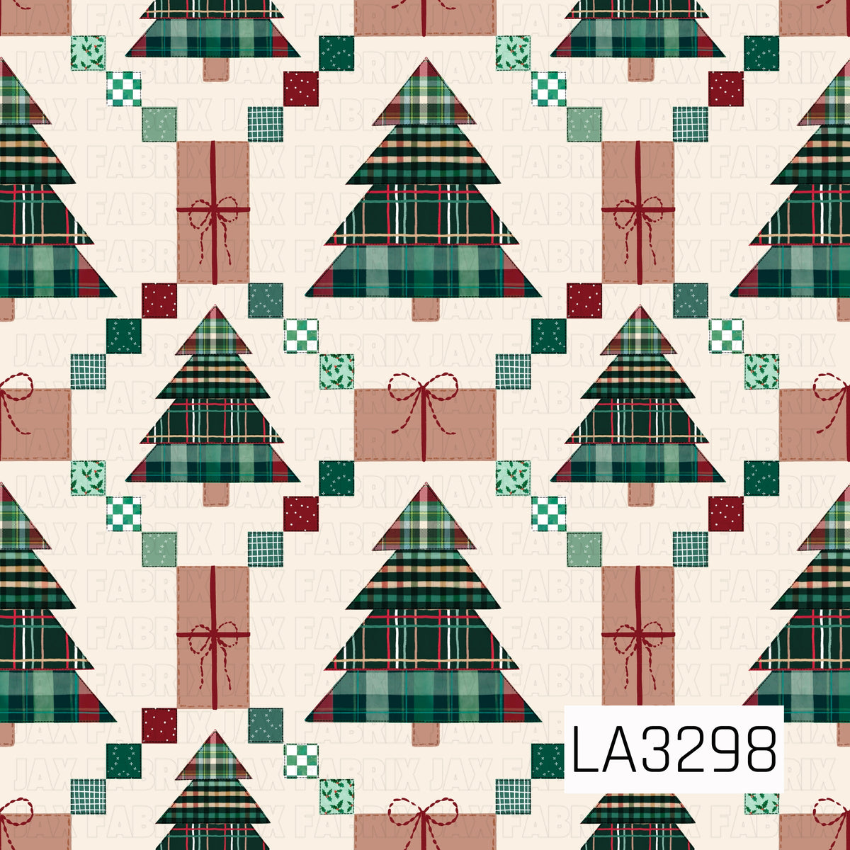 A cozy Christmas pattern featuring patchwork-style trees made from layers of classic plaid, paired with wrapped gifts and scattered mini patterned squares. Deep greens, reds and warm neutrals pop against a soft cream background for a charming handmade holiday feel.