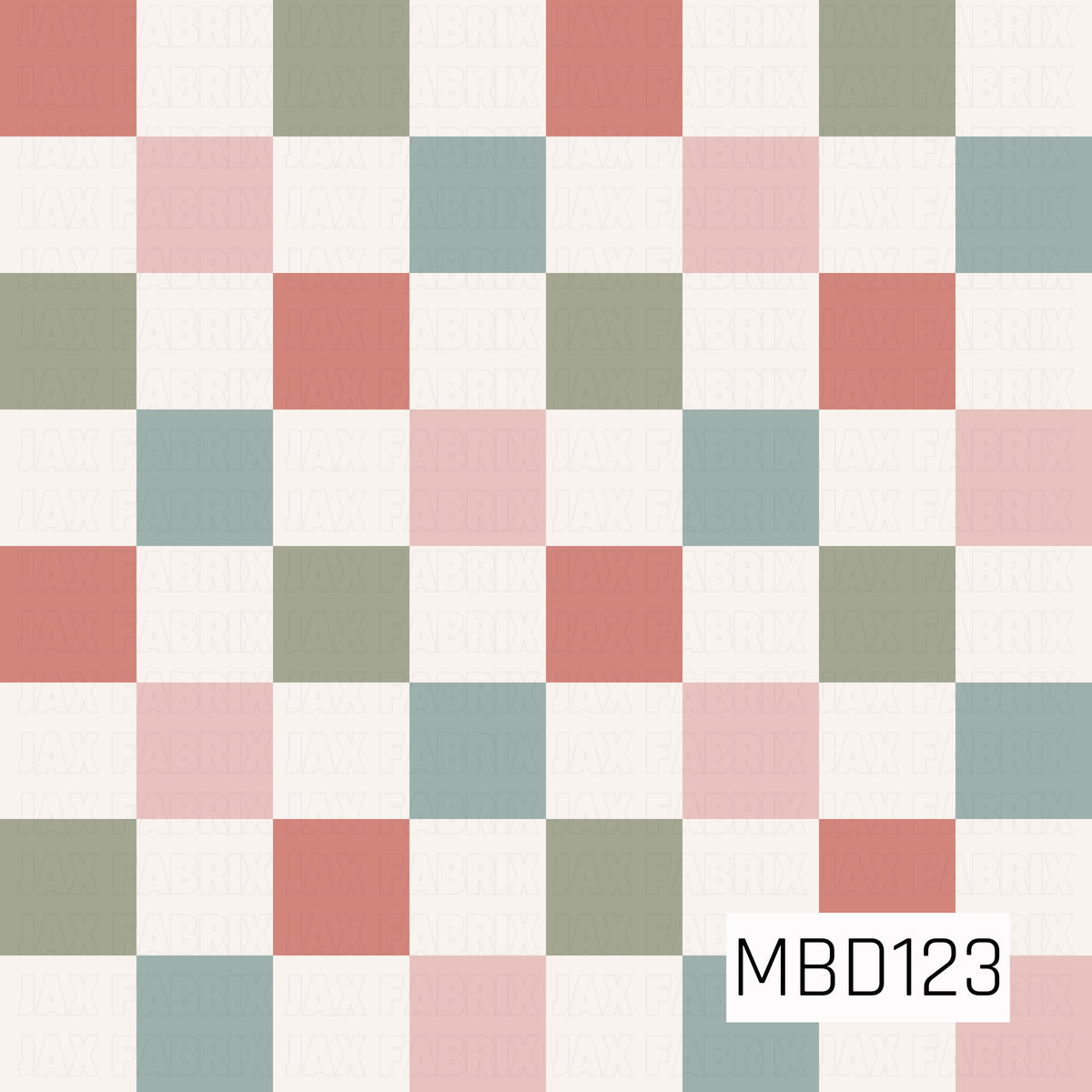 A charming checkerboard pattern featuring alternating squares of dusty coral pink, soft blush, muted sage green, dusty blue, and creamy ivory. The evenly spaced squares create a clean, classic geometric design, while the soft, muted color palette adds a cozy, vintage-inspired feel with a subtle pastel Christmas charm.