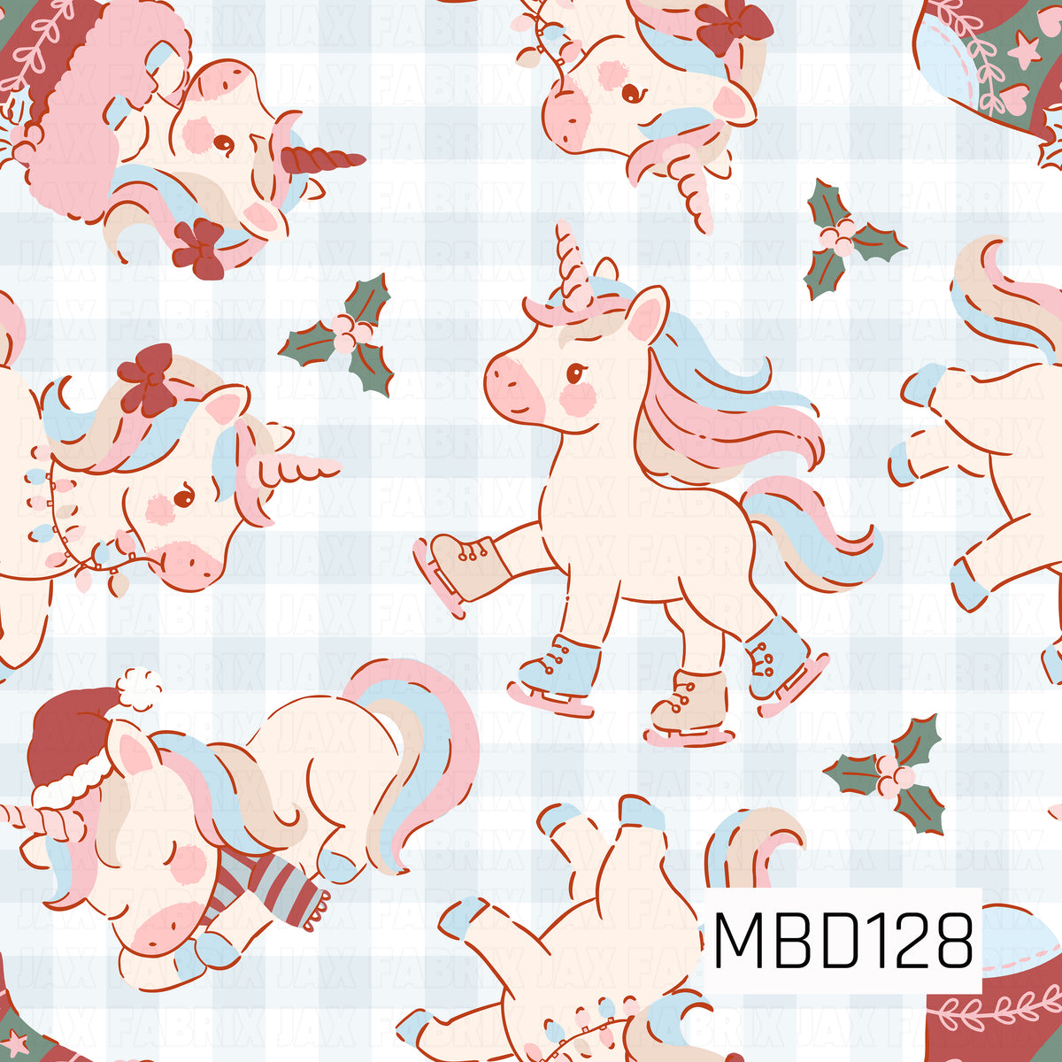A whimsical Christmas unicorn pattern featuring adorable cream-colored unicorns with flowing pastel pink and blue manes, rosy cheeks, and festive holiday accessories. Some unicorns wear Santa hats, winter scarves, and colorful ice skates, while scattered holly sprigs and berries add a seasonal touch. A soft pale blue and white checkerboard background completes this playful, magical holiday design.