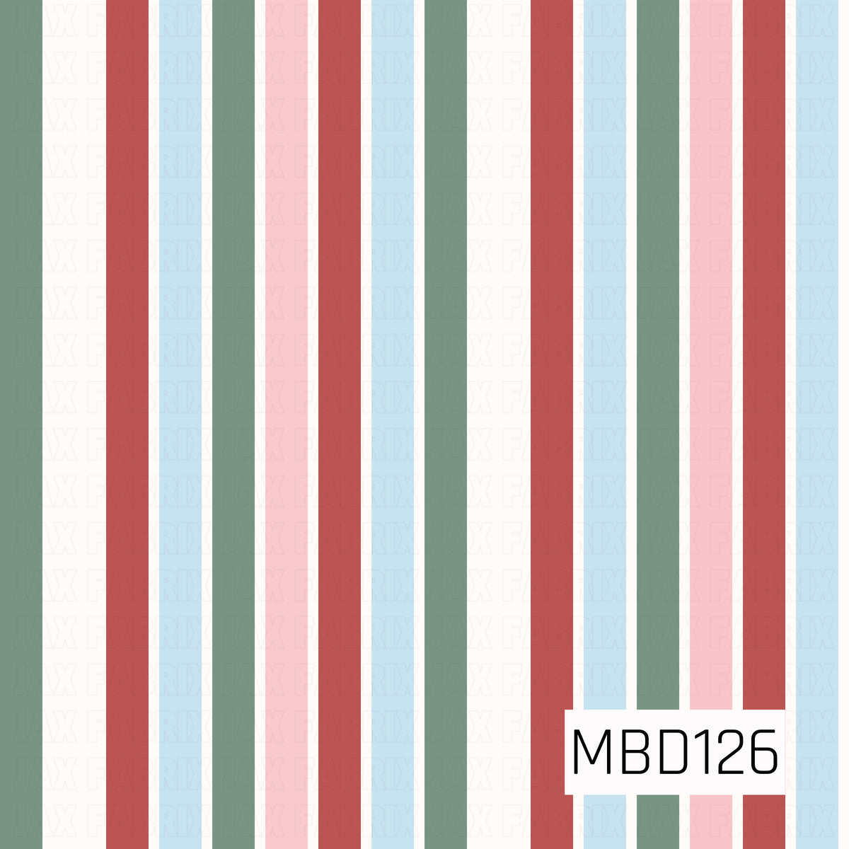 A festive vertical stripe pattern featuring alternating bands of muted sage green, dusty red, soft pink, and pale blue, separated by crisp white stripes. The varying stripe widths and soft holiday color palette create a charming, playful Christmas design with a modern vintage feel.