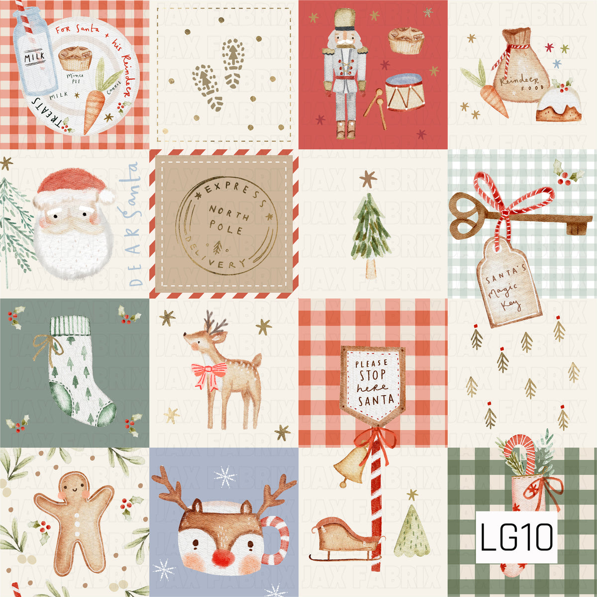 A whimsical watercolor Christmas patchwork pattern featuring Santa, reindeer, a nutcracker, gingerbread, stockings, sleighs, Christmas trees, candy canes, and North Pole-inspired details. Soft gingham blocks in muted red, sage, cream, and blue give it a cozy vintage holiday feel.