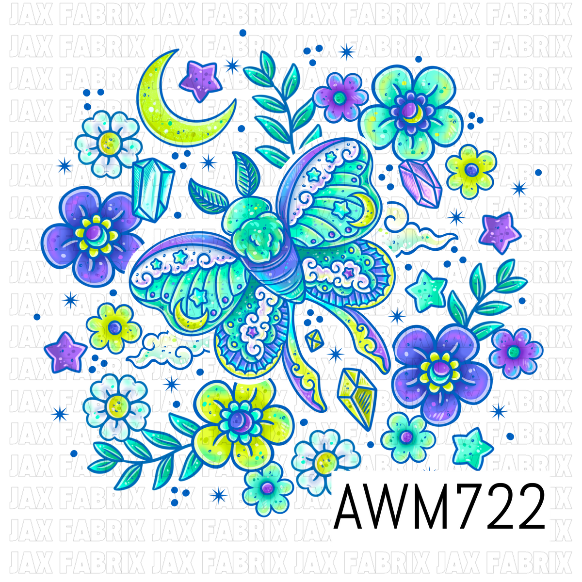 Celestial Luna Moth PNG Bundle featuring an enchanting luna moth with moon and star details, crescent moons, sparkling crystals, whimsical clouds, twinkling stars, and vibrant florals in dreamy teal, aqua, lime, and purple hues. These vibrant, high-quality PNG elements are perfect for sublimation, stickers, shirts, tumblers, journals, and magical celestial-themed craft projects.