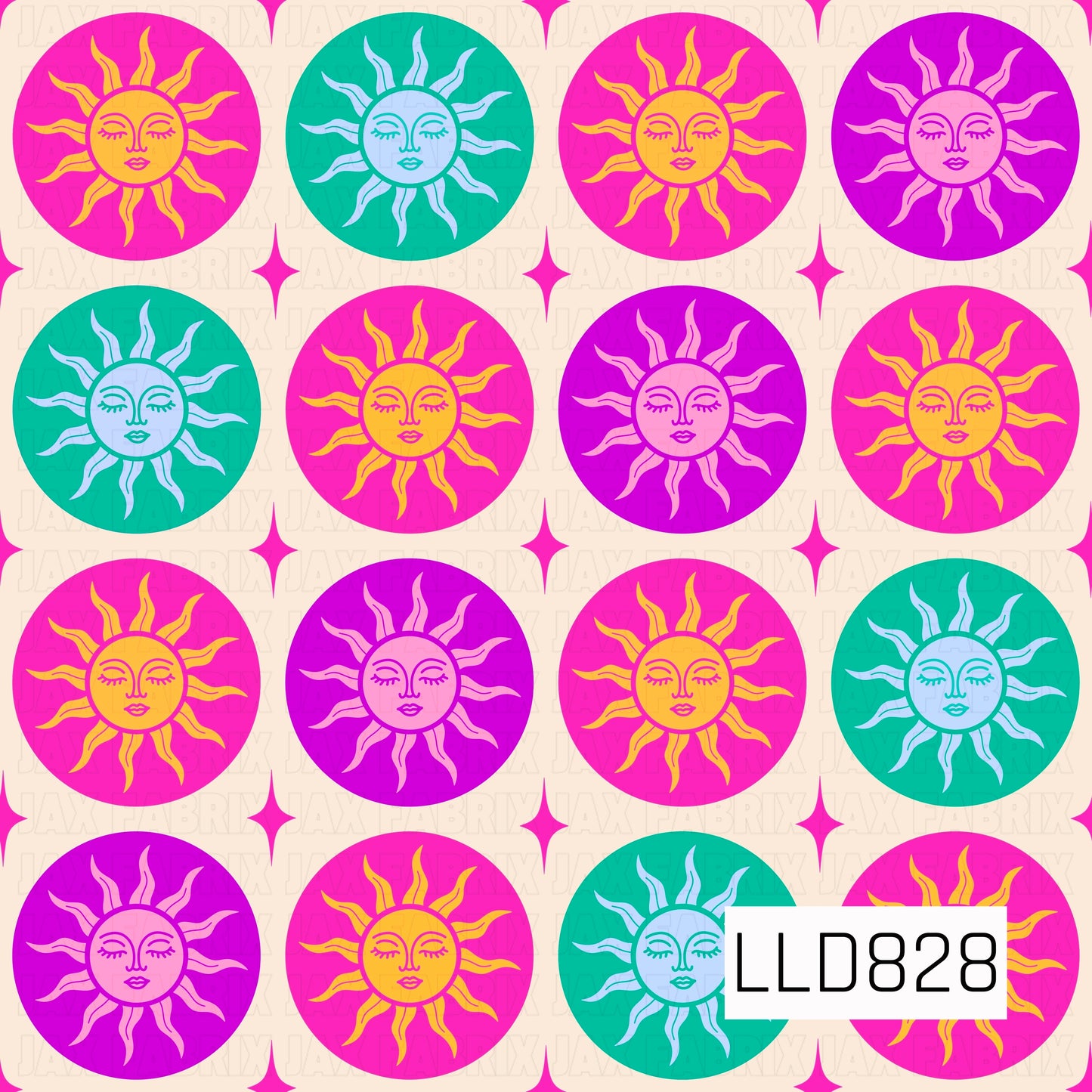 A bright seamless pattern featuring stylized sun faces in alternating hot pink, teal, and purple circles. Set on a soft cream background with scattered four-point stars, this bold retro design combines vibrant colors and playful celestial elements for a fun, modern look.
