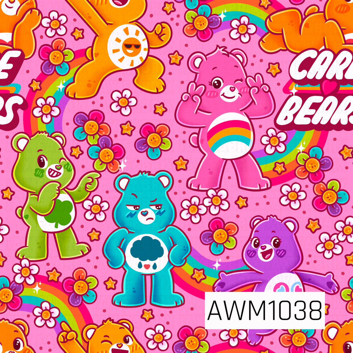 A bright and playful seamless pattern featuring adorable Care Bears in vibrant shades of pink, orange, lime green, teal, and purple. Set against a cheerful bubblegum pink background, the design is filled with colorful rainbows, retro flowers, tiny stars, sparkling accents, and bold Care Bears lettering for a fun, nostalgic feel.