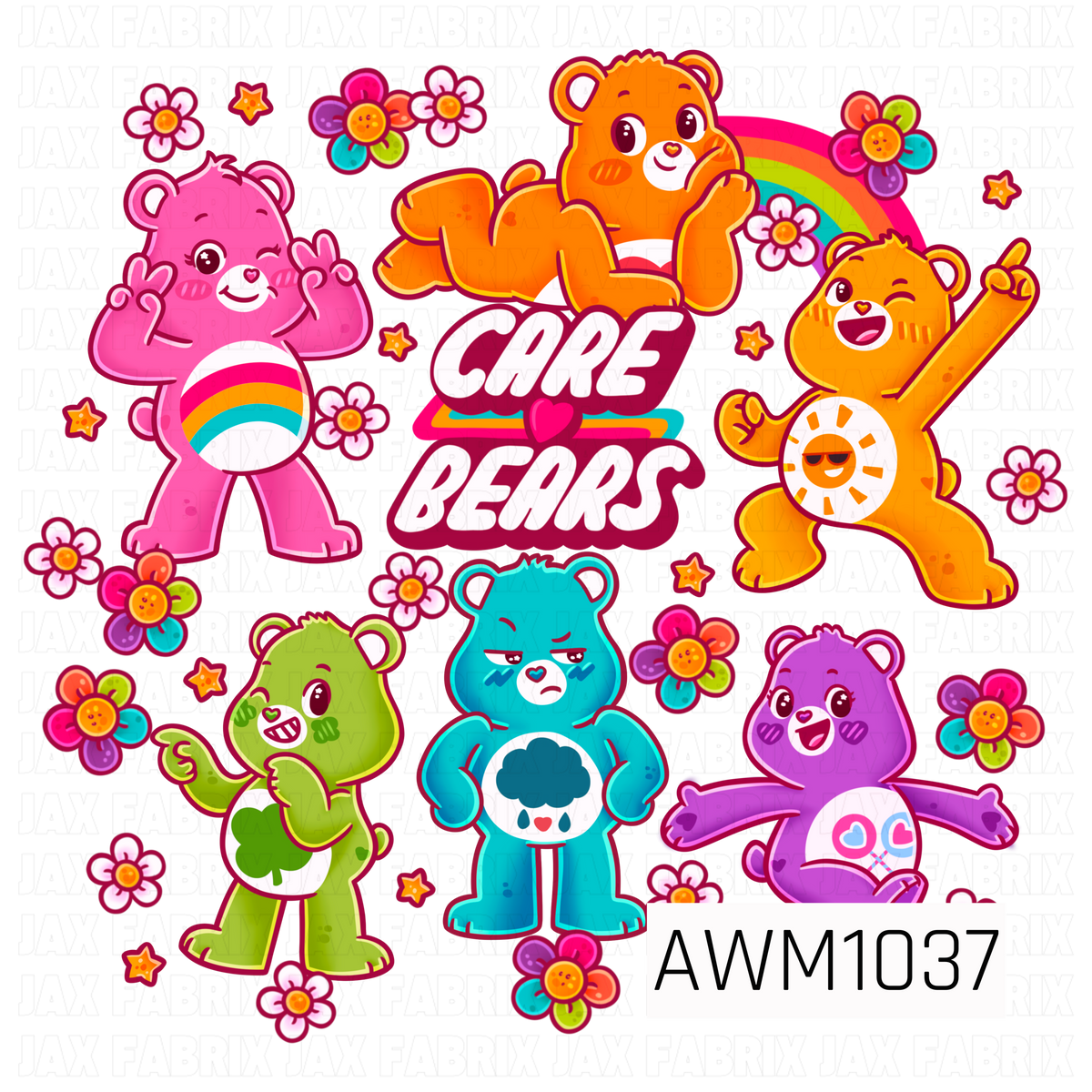 A bright and colorful PNG featuring adorable, retro-inspired Care Bears in playful poses and cheerful shades of pink, orange, green, teal, and purple. The design includes the bold phrase “CARE BEARS” surrounded by vibrant rainbows, colorful flowers, tiny hearts, and scattered stars for a fun, nostalgic feel.