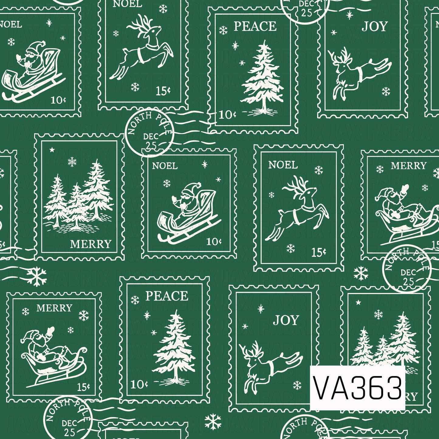 A vintage-inspired Christmas pattern featuring postage stamp illustrations on a deep evergreen background. The cream-colored stamps showcase Santa in his sleigh, reindeer, snowy pine trees, and scattered snowflakes, accented with festive words like “Merry,” “Peace,” “Joy,” and “Noel,” along with North Pole postmarks.