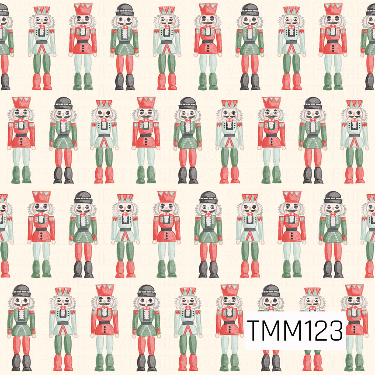 A festive watercolor seamless design featuring rows of classic nutcrackers in bright red, green, mint, black, and white. Set against a warm cream background, the repeating arrangement and hand-painted details create a playful yet traditional Christmas look.