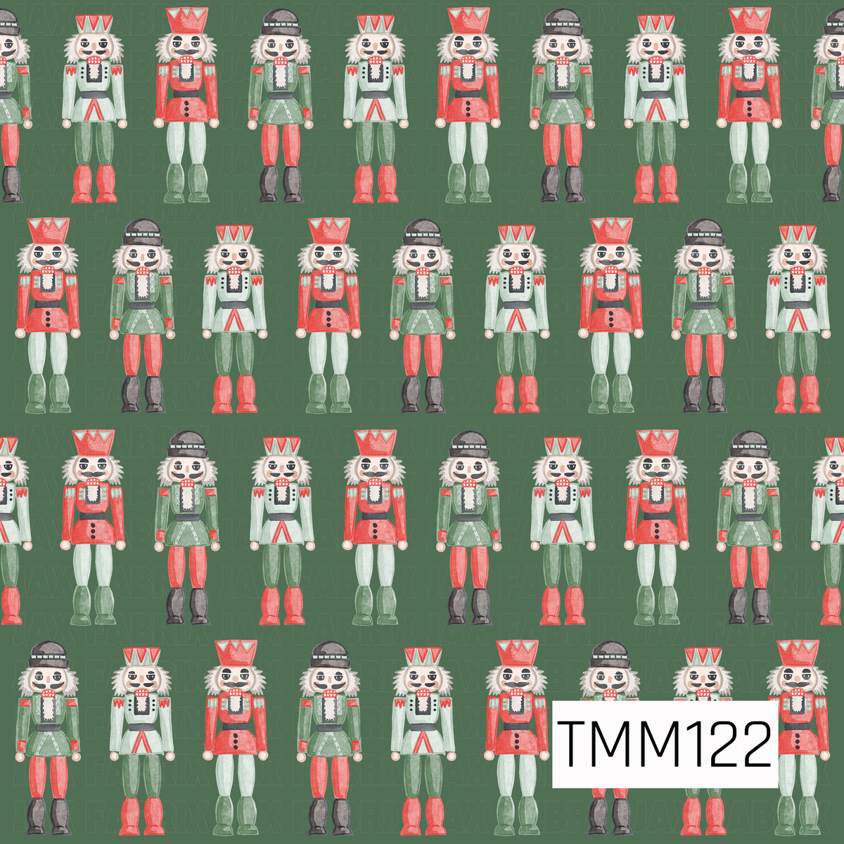 A festive watercolor seamless design featuring rows of classic nutcrackers in bright red, mint, green, black, and white. Set against a deep forest green background, the hand-painted style gives this Christmas pattern a charming, traditional holiday feel with a playful modern color palette.