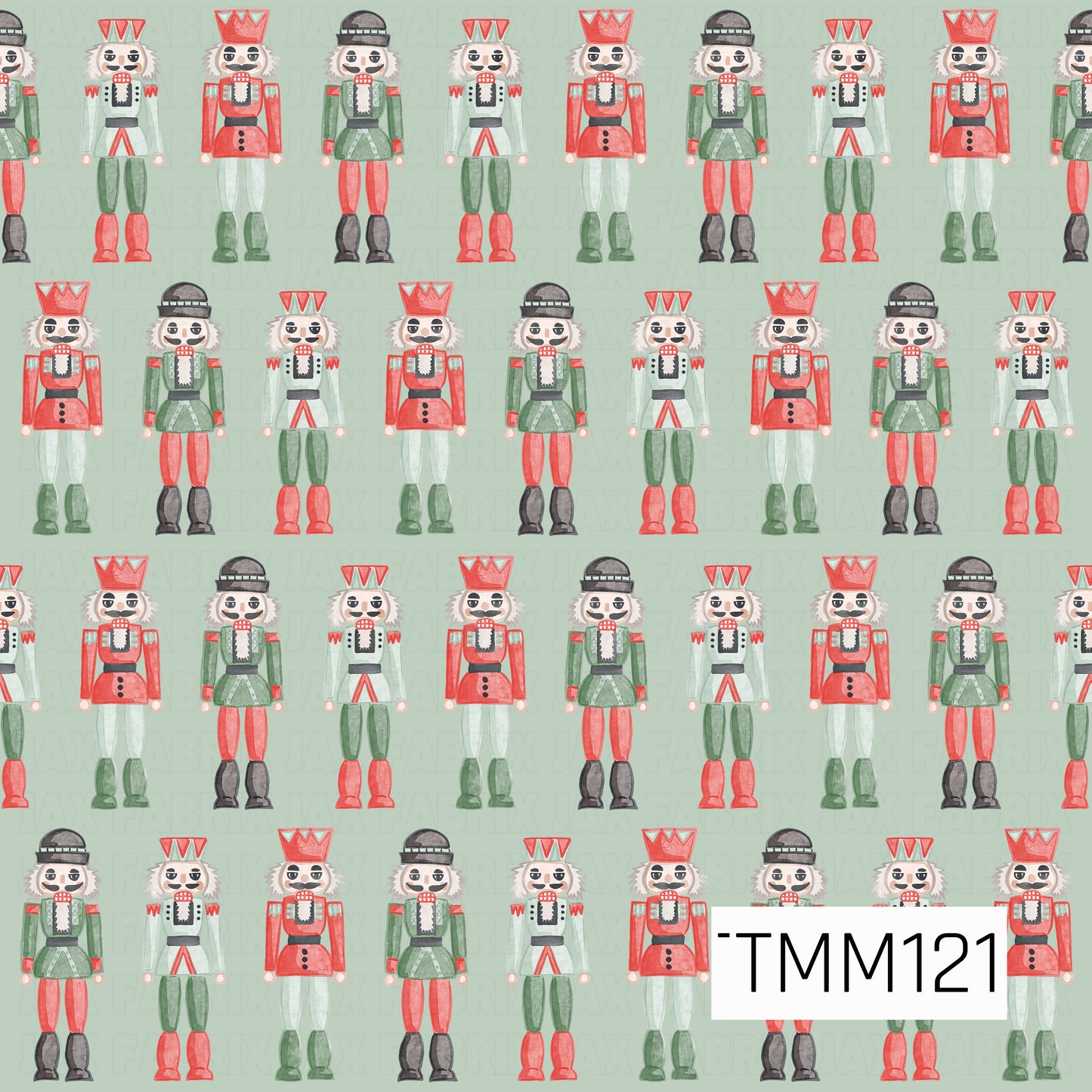 A festive watercolor seamless design featuring rows of classic nutcrackers in bright red, deep green, mint, black, and white. Set against a soft mint green background, the hand-painted details create a cheerful, whimsical Christmas look.