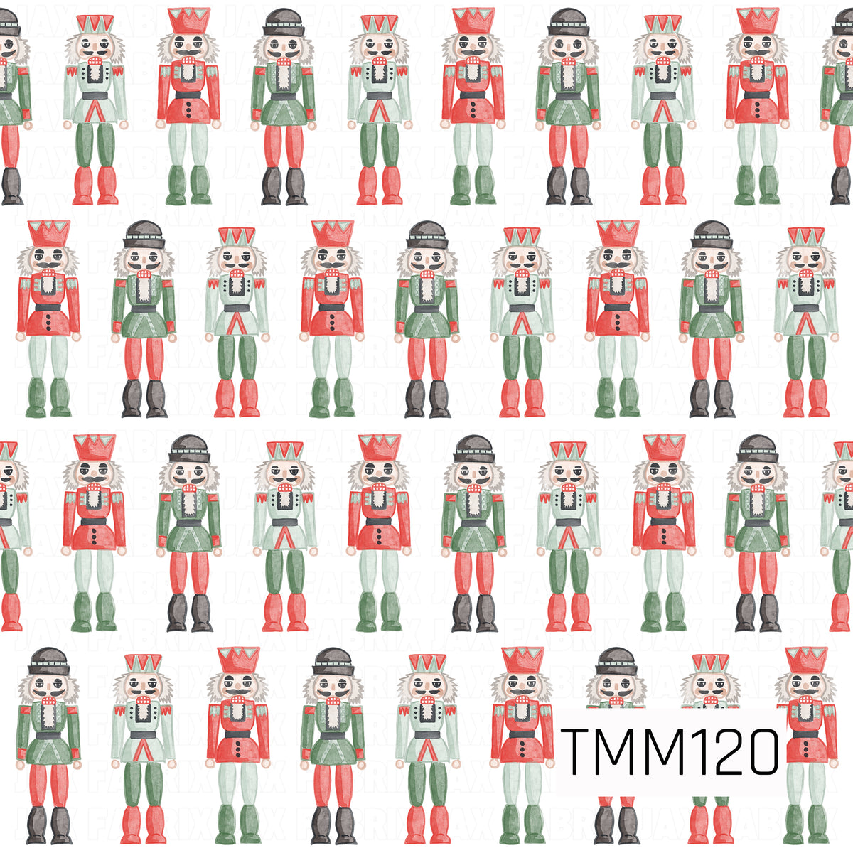 A festive watercolor seamless design featuring rows of classic nutcrackers in traditional Christmas shades of bright red, deep green, mint, black, and white. The hand-painted details and clean white background give this pattern a cheerful, whimsical holiday look.