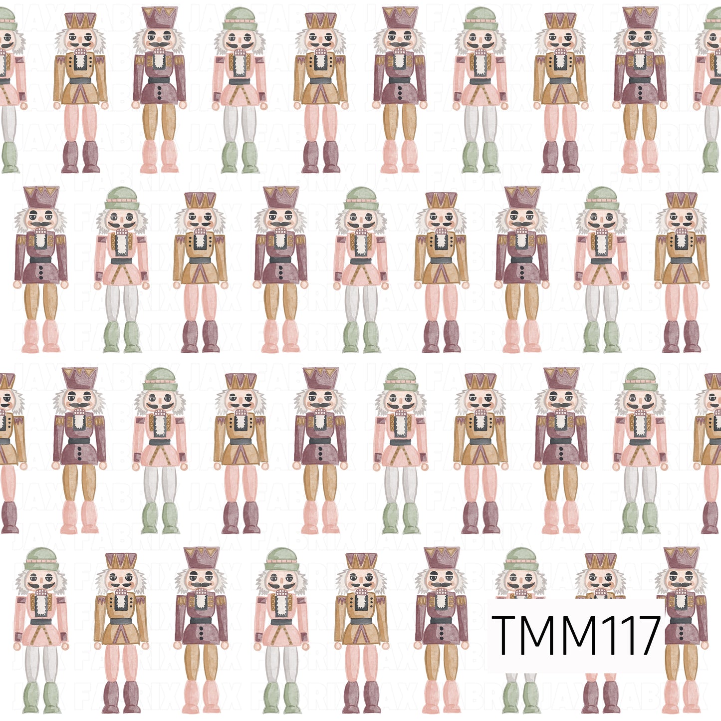 A charming watercolor seamless design featuring rows of classic nutcrackers in a soft, muted holiday palette of blush pink, sage green, burgundy, warm brown, and cream. The alternating nutcracker styles create a playful Christmas pattern with a vintage-inspired feel.