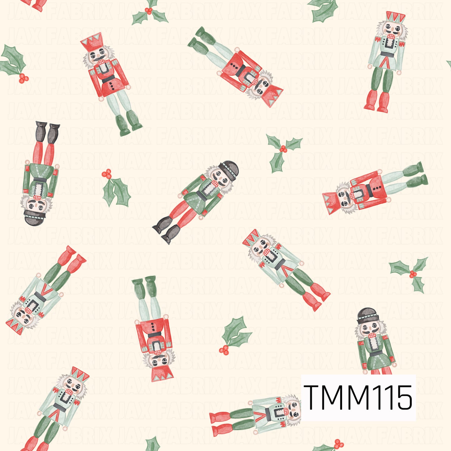 A festive watercolor seamless design featuring scattered nutcrackers in classic Christmas shades of red, green, and soft mint. Sprigs of green holly with bright red berries are mixed throughout, all set against a warm creamy background for a playful vintage holiday feel.