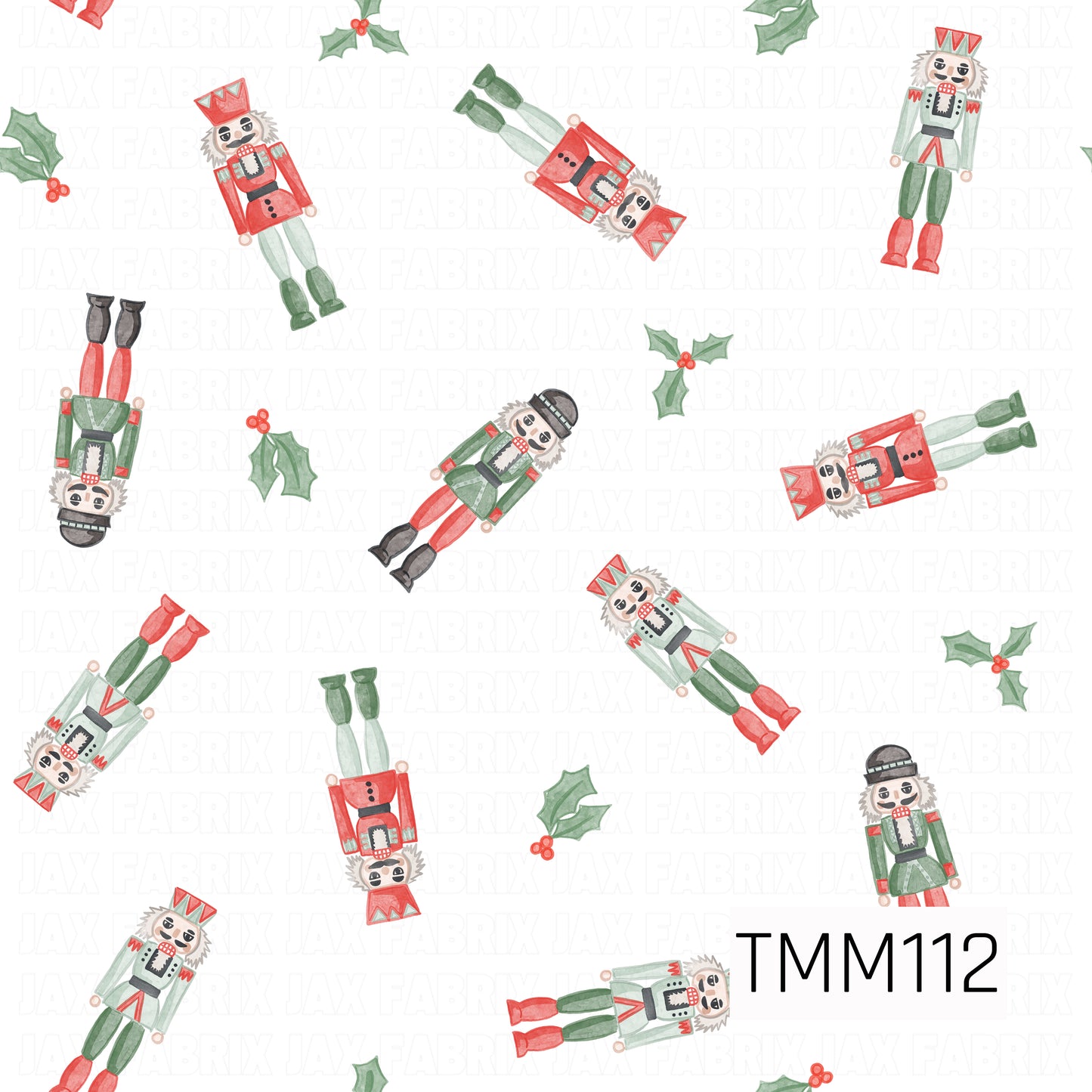 A festive Christmas seamless design featuring watercolor nutcrackers tossed throughout with classic holly and berry accents. Traditional shades of red, green, mint, black, and white give this playful holiday print a bright, cheerful look against a crisp white background.