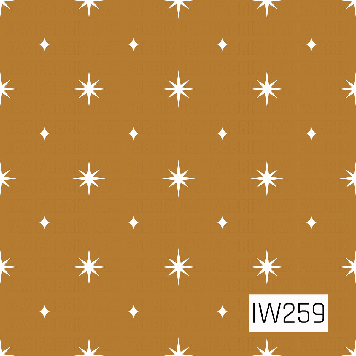 A warm golden caramel background featuring a repeating pattern of crisp white eight-point starbursts and smaller four-point twinkling stars. The evenly spaced celestial design creates a charming retro-inspired look with a simple, whimsical feel.