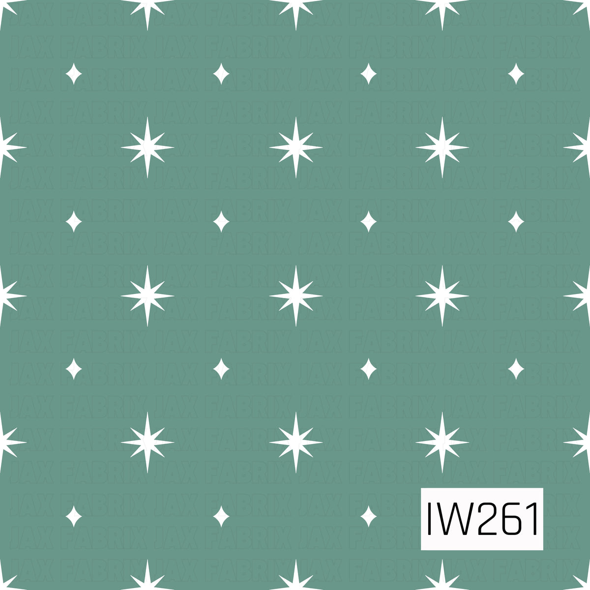A muted sage green background featuring a repeating pattern of crisp white eight-point starbursts and smaller four-point twinkling stars. The evenly spaced celestial design creates a charming retro-inspired look with a simple, whimsical feel.