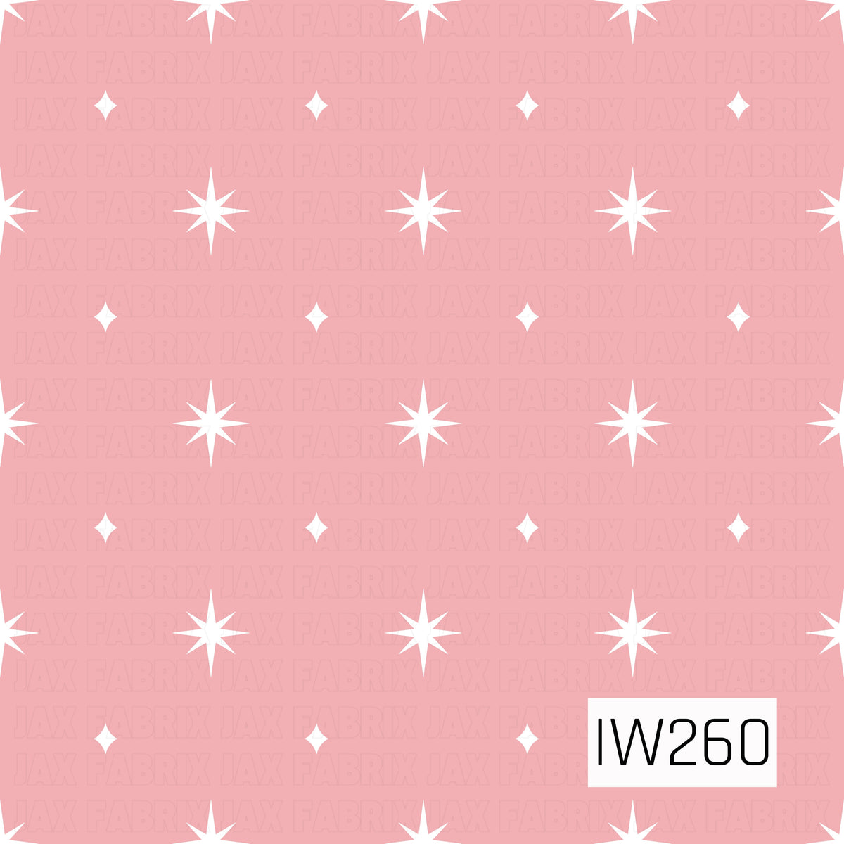 A soft blush pink background featuring a repeating pattern of crisp white eight-point starbursts and smaller four-point twinkling stars. The evenly spaced celestial design creates a sweet, whimsical look with a charming retro-inspired feel.