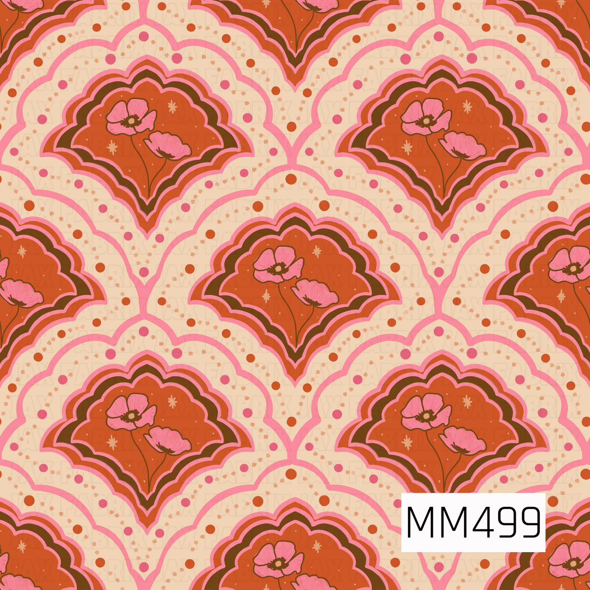 A retro floral scallop pattern featuring repeating layered fan-shaped arches in warm, vibrant tones. Each motif has a rich burnt orange center framed by curved layers of deep chocolate brown, coral pink, and bright rosy pink. Delicate hand-drawn pink poppy-style flowers sit inside each orange center, accented with dark brown details, slender stems, and small cream starbursts. The surrounding creamy background is filled with scattered dots and speckles in coral, pink, peach, and soft tan, adding playful text