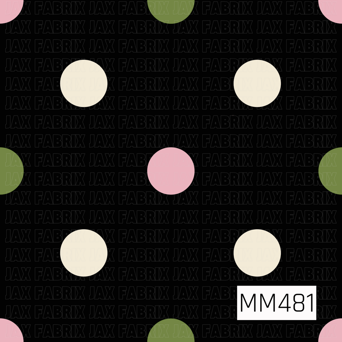 A bold retro polka dot pattern featuring oversized cream, soft pink, and olive green circles scattered across a solid black background. The high contrast and muted accent colors give it a playful vintage-inspired look.