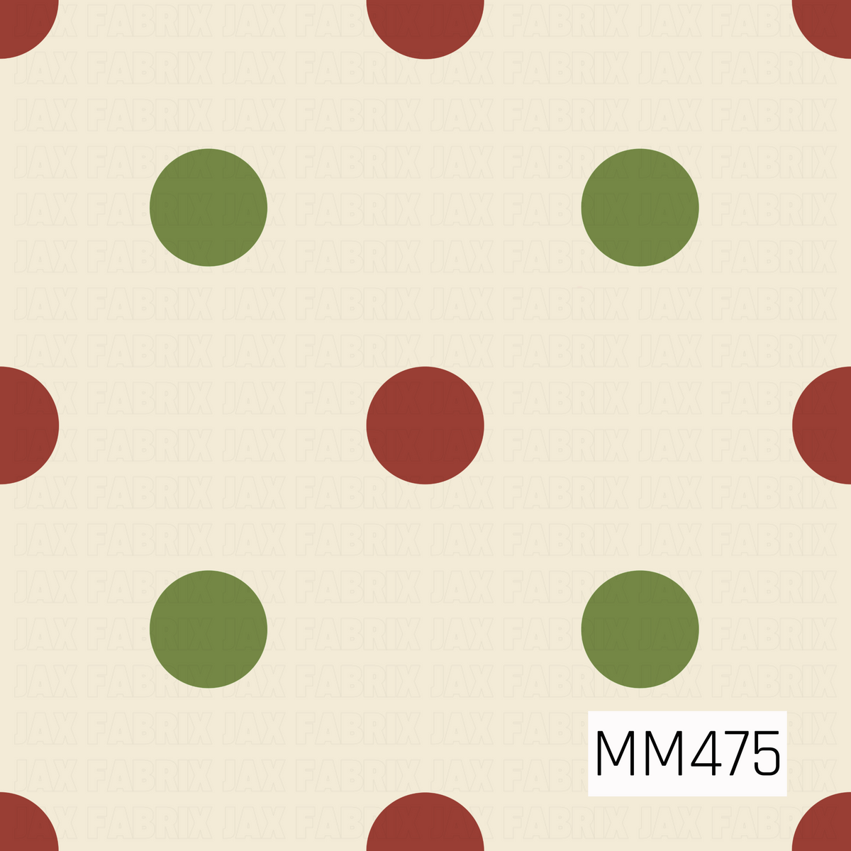 A simple retro-inspired polka dot pattern featuring oversized olive green and brick red circles arranged in an alternating layout across a warm cream background. The earthy, muted color palette gives it a cozy vintage feel.