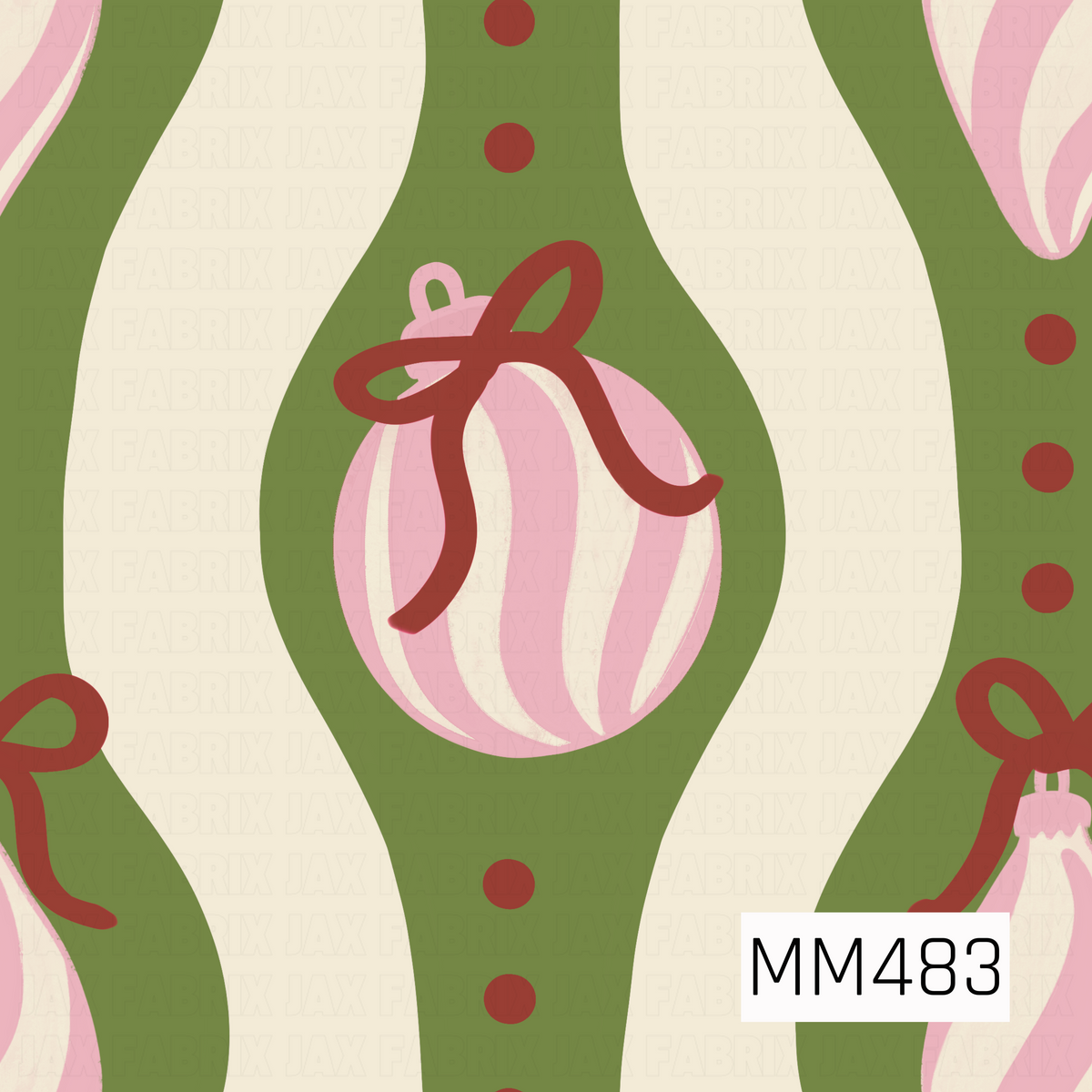 A whimsical retro holiday pattern featuring oversized olive green and cream wavy stripes accented with deep red polka dots. Pink and cream striped ornaments hang throughout, finished with flowing deep red bows for a playful, vintage Christmas look.
