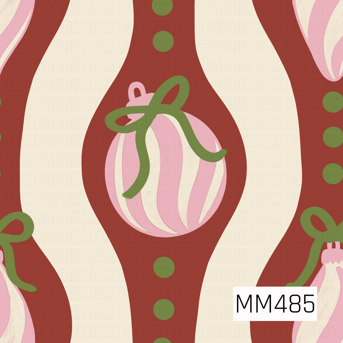 A whimsical retro holiday pattern featuring bold brick red and cream wavy stripes accented with olive green polka dots. Pink and cream striped ornaments are scattered throughout, each finished with an oversized olive green bow for a playful vintage Christmas feel.