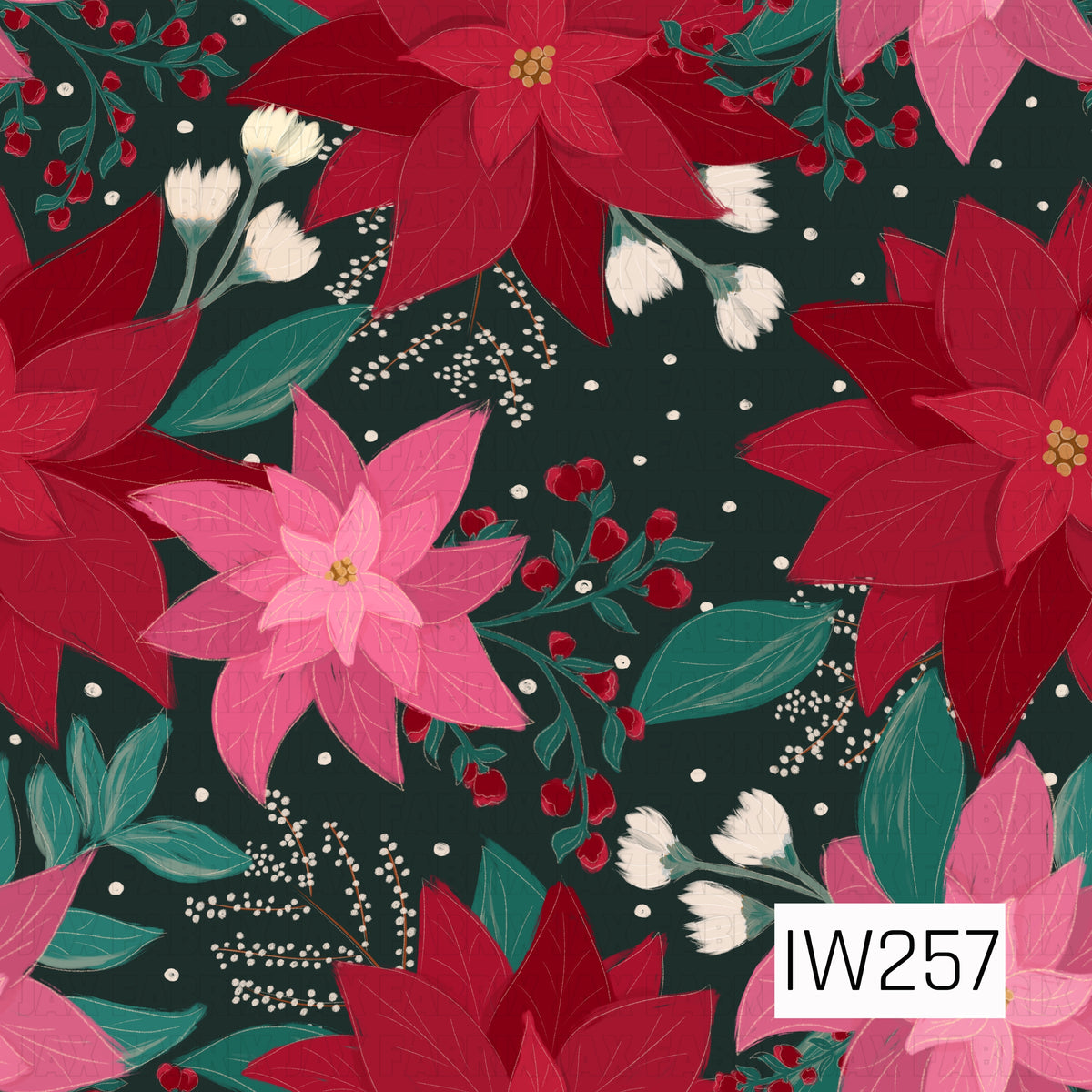 A beautiful holiday floral pattern featuring oversized deep red and vibrant pink poinsettias with delicate gold centers, surrounded by rich emerald green leaves, clusters of red berries, and soft ivory flowers. Tiny white berry sprigs and scattered dots add a whimsical touch against the dark forest green background, creating a rich and elegant Christmas design.