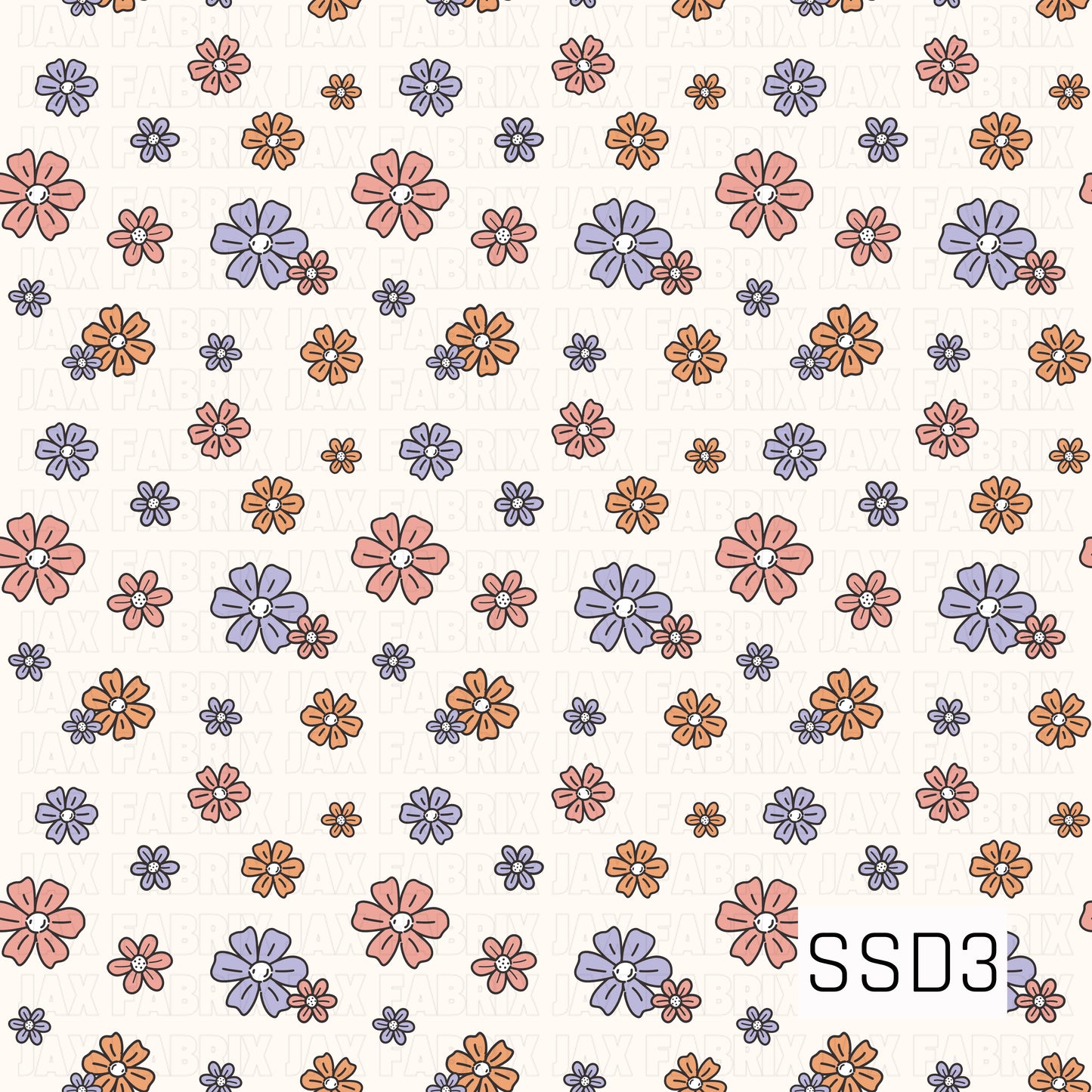 A sweet scattered floral pattern featuring hand-drawn flowers in soft coral pink, lavender, and warm orange on a creamy background. The mix of flower sizes gives it a playful, retro-inspired feel.
