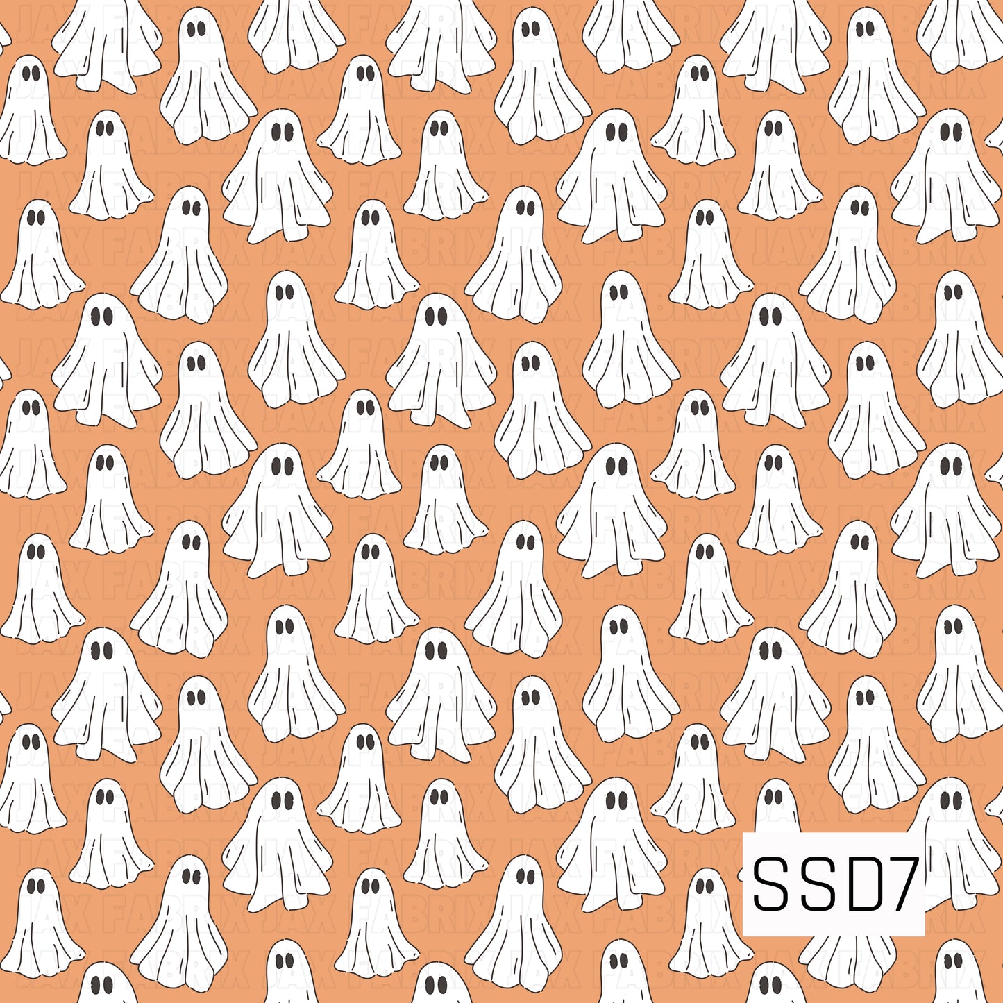 A playful Halloween pattern featuring cute white sheet ghosts with simple black eyes scattered across a warm orange background.