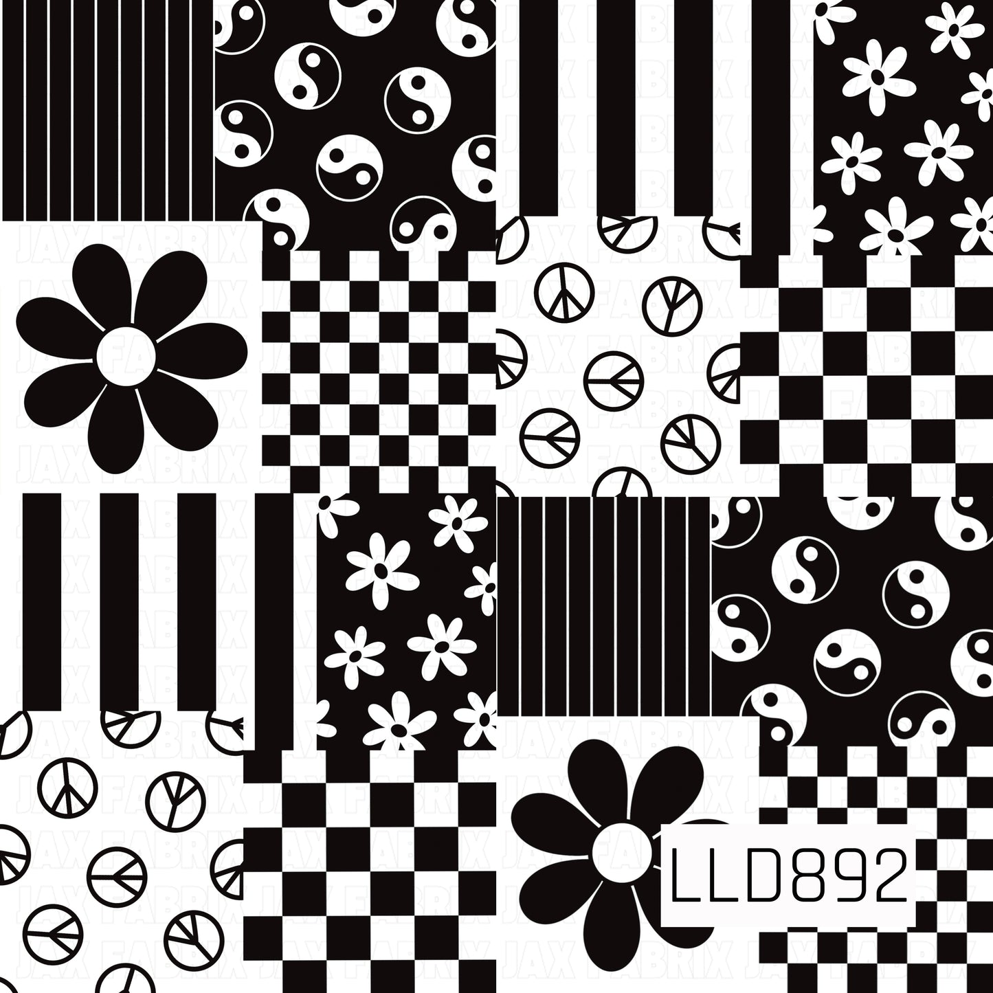 A bold black-and-white patchwork design featuring a mix of retro-inspired patterns, including checkerboards, vertical stripes, yin-yang symbols, peace signs, and groovy daisies. The high-contrast monochrome palette gives it a fun, funky vintage feel.
