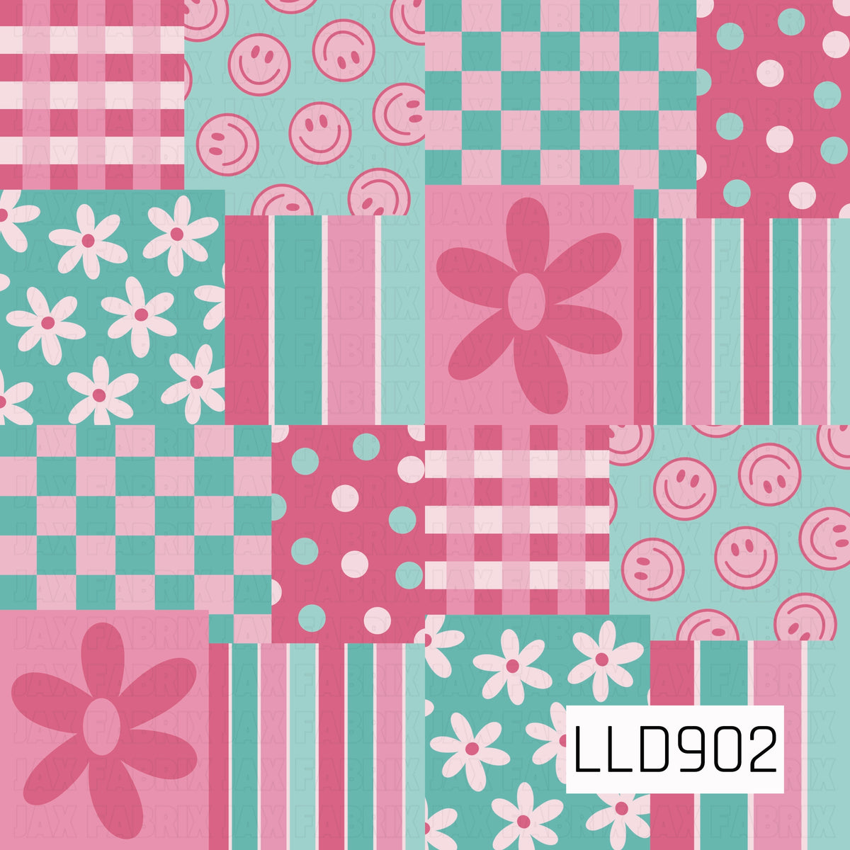 A playful retro patchwork design featuring a mix of smiley faces, daisies, polka dots, gingham checks, bold stripes, and oversized flowers. A bright palette of bubblegum pink, aqua teal, and soft blush gives the pattern a fun, cheerful vintage-inspired feel.