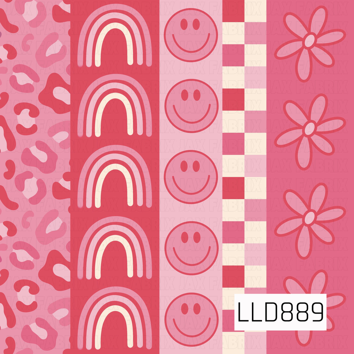 A playful pink patchwork design featuring alternating vertical panels of leopard spots, retro rainbows, smiley faces, bold checkerboard stripes, and oversized daisies. Shades of pink, coral, red, and cream give the pattern a bright, groovy retro feel.