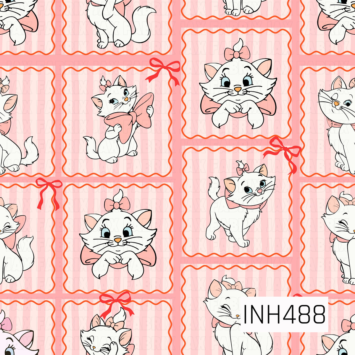 A playful pink kitten print featuring a sweet white kitty posed in a collection of charming portrait-style frames. Soft pink stripes and checks create the backdrop, while wavy coral borders and hand-drawn bows add a fun retro touch. The kitty appears in different poses wearing her signature pink bows, giving the design a cute, girly, vintage-inspired feel.