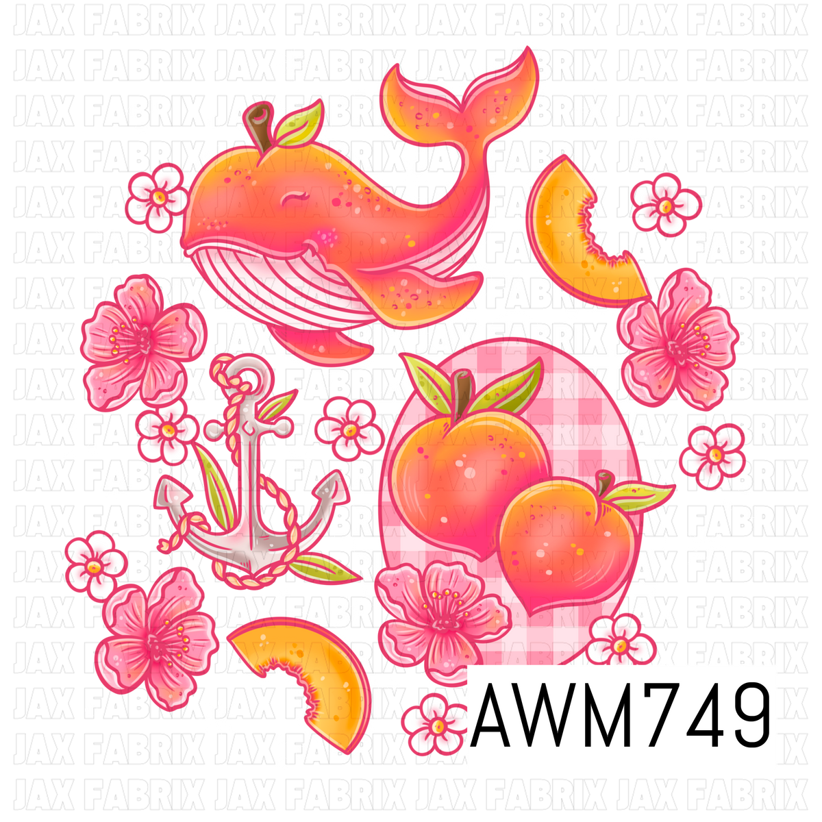 This cheerful PNG features a smiling whale with peach-inspired accents, juicy peaches, peach slices, blooming pink flowers, a nautical anchor, and sparkling stars in bright shades of peach, coral, pink, and white. Perfect for creating stickers, sublimation designs, apparel, tumblers, planners, stationery, and other fun coastal-inspired crafts.